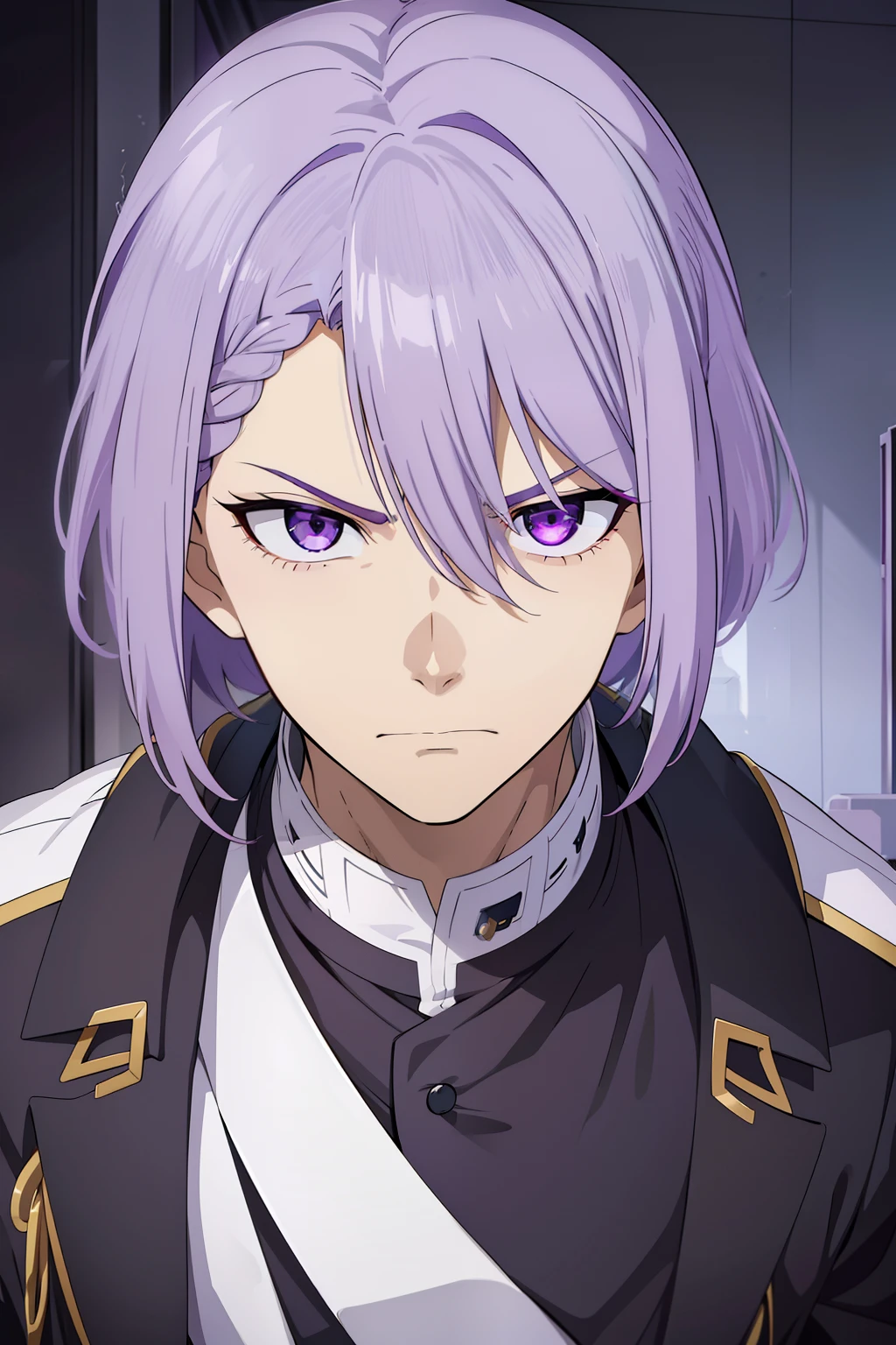 Has sharp purple eyes、Young man with lilac-gray hair. His left eye is obscured by his hair bangs、The hair on the other side is braided from a bob. Angry face.