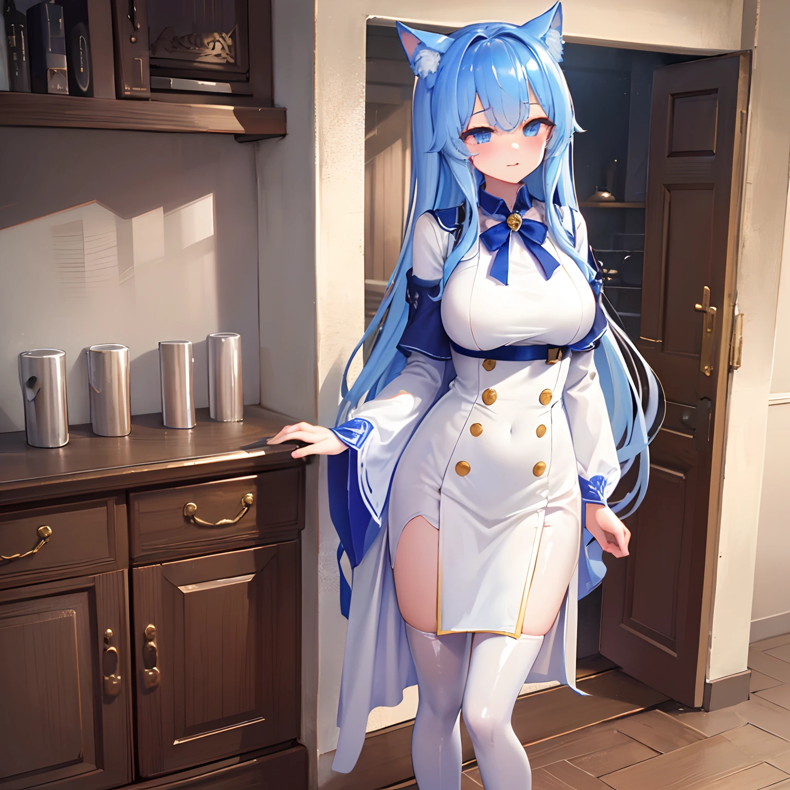 Absolutely beautiful cat lady, perfect slim body, mature, sky blue hair, royal sister face, uniform, sexy and alluring, beautiful face, full body portrait, standing pose, 4K picture quality, big body, feminine expression, blush shyness, outrageous bust, deep eyes,