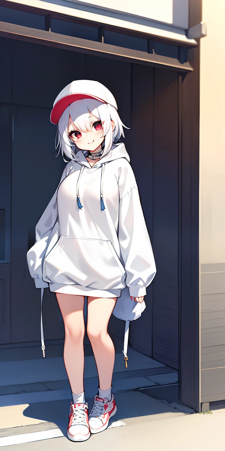 masterpiece、top-quality、女の子1人、white hair、Wolfcut、Viewer's Perspective、kawaii、Long Hoodie、outside of house、Street、A slight smil、Short stature、large full breasts、Wearing a cap