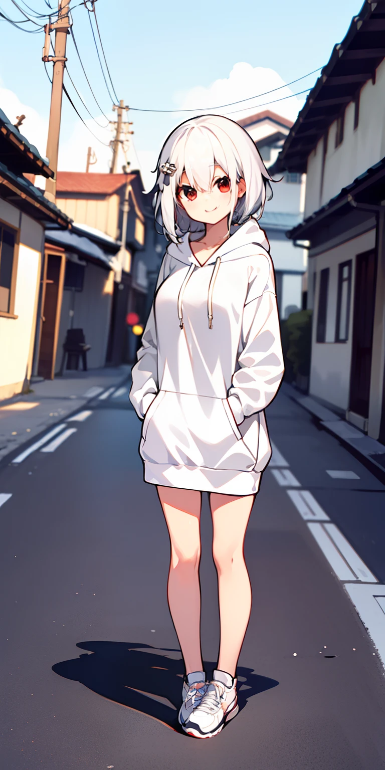 masterpiece、top-quality、女の子1人、white hair、Wolfcut、Viewer's Perspective、kawaii、Long Hoodie、outside of house、Street、A slight smil、Short stature、large full breasts、Wearing a casket