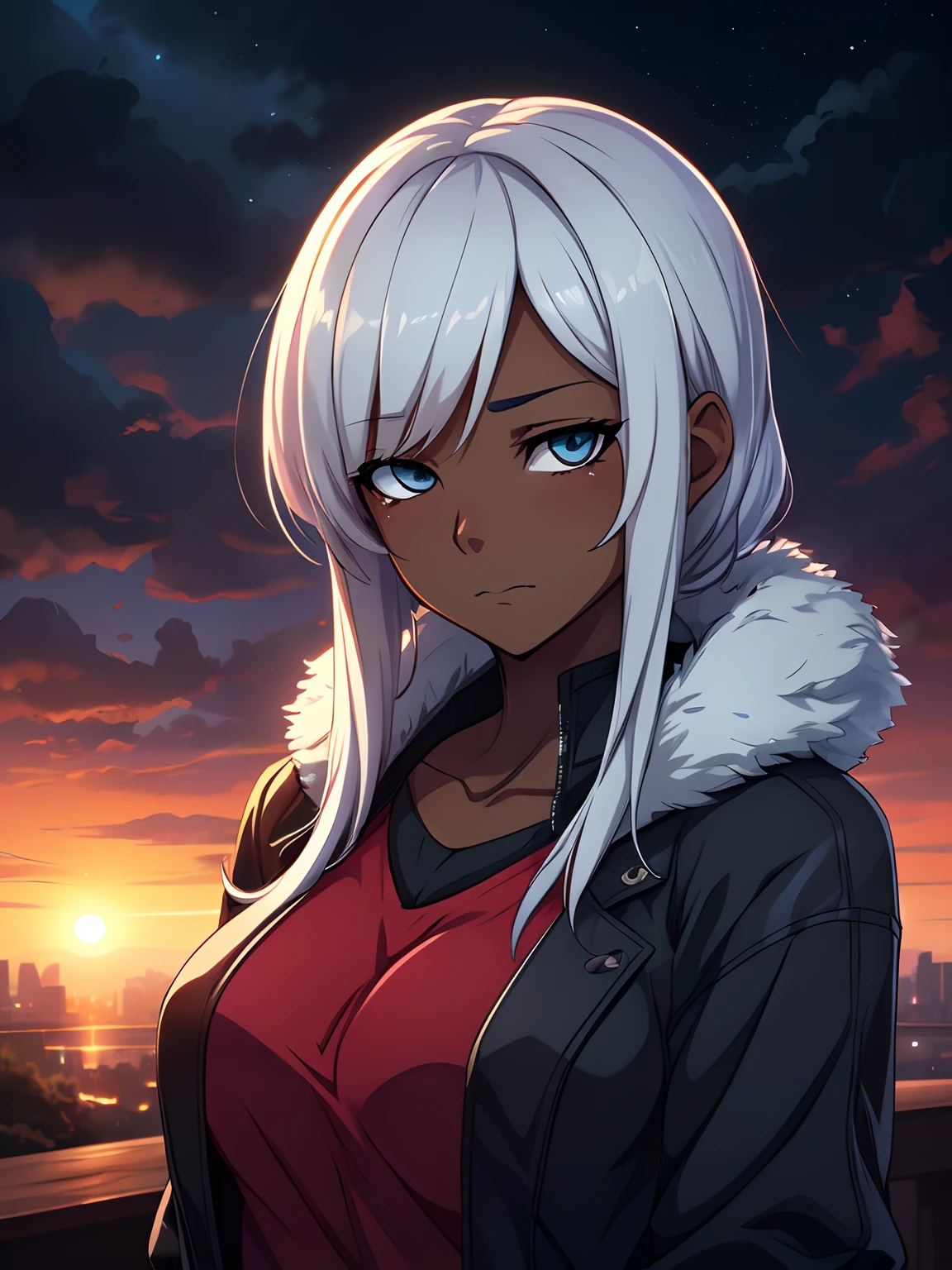 1 girl, (dark skin:1.2), shy, cute, cold expression, (8k, RAW photo, best quality, masterpiece:1.2) ultra-detailed, Super detailed, vivid colors, anime, unreal engine 5, studio lighting, portrait, white eyes, blank eyes, Night clouds background, Aesthetic, romantic, Luna