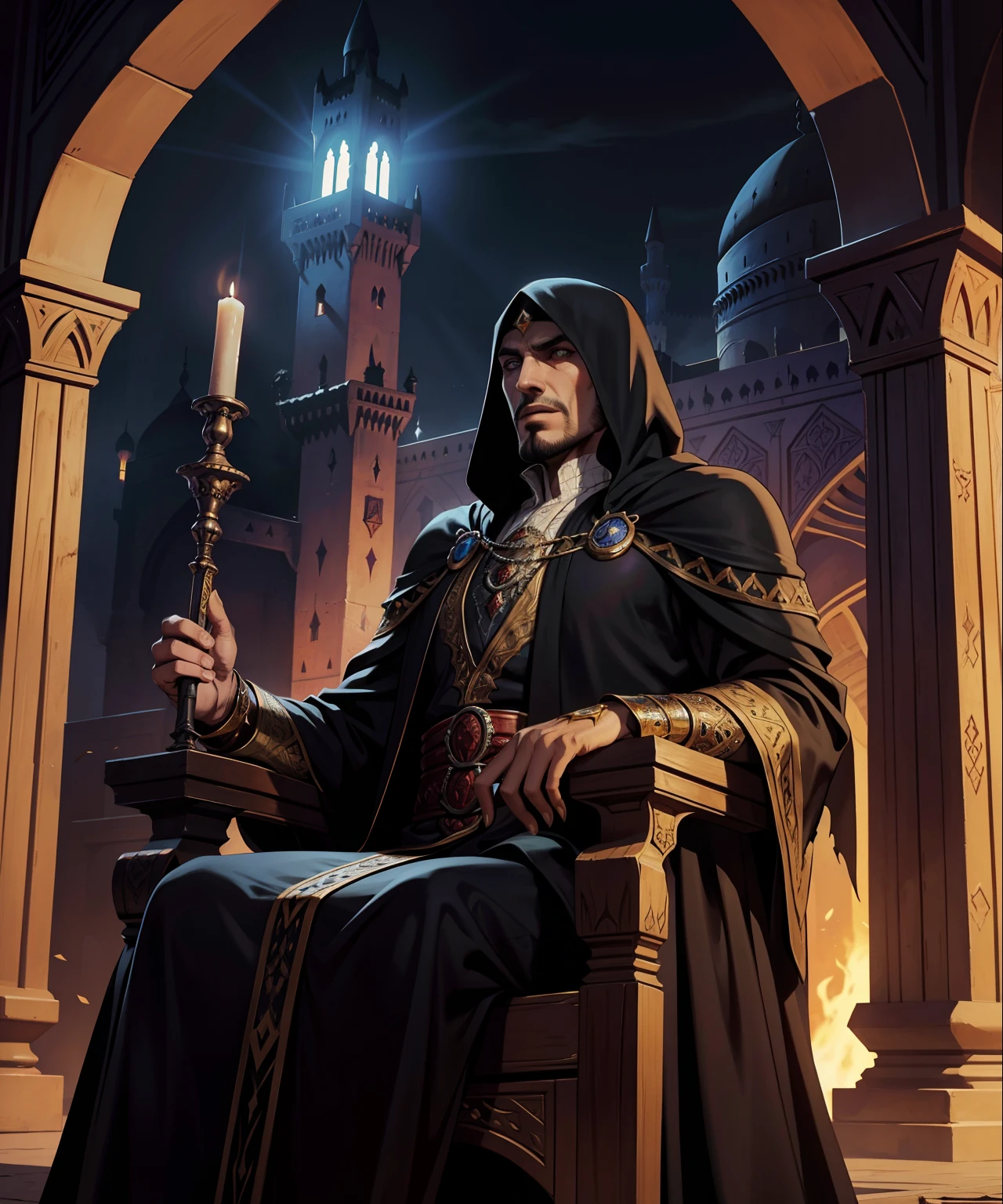 Islamic Castlevania Lord of the shadows hyper realistic super detailed Islamic Lord Dracula speaking to Islamic men in moroccan environnement hyper realistic super detailed Dynamic shot master piece