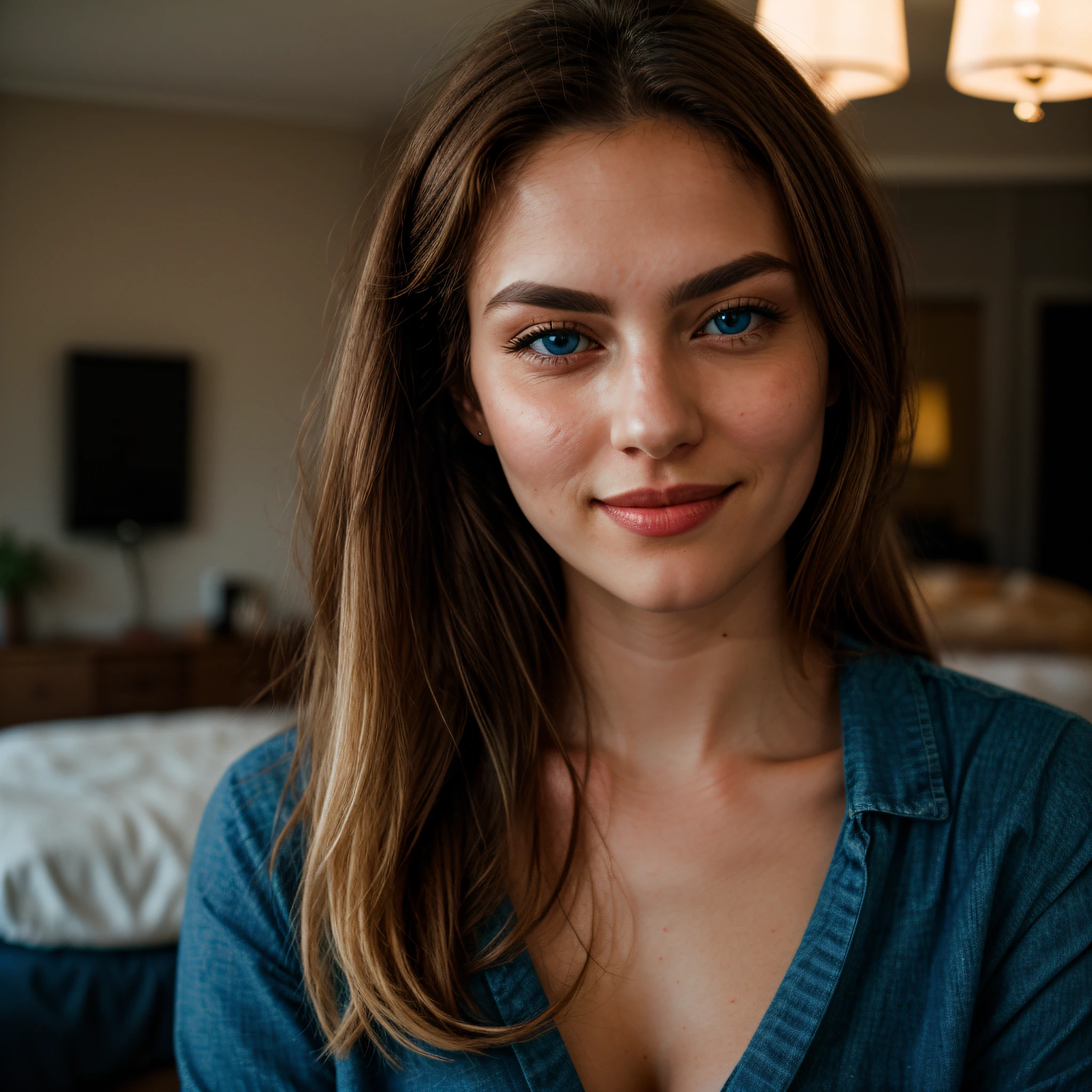 pov_interaction, CharlotteMcKinneyTI, blue_off-shoulder_t-shirt, (high_detail intricate lifelike), face eye_contact, familyroom