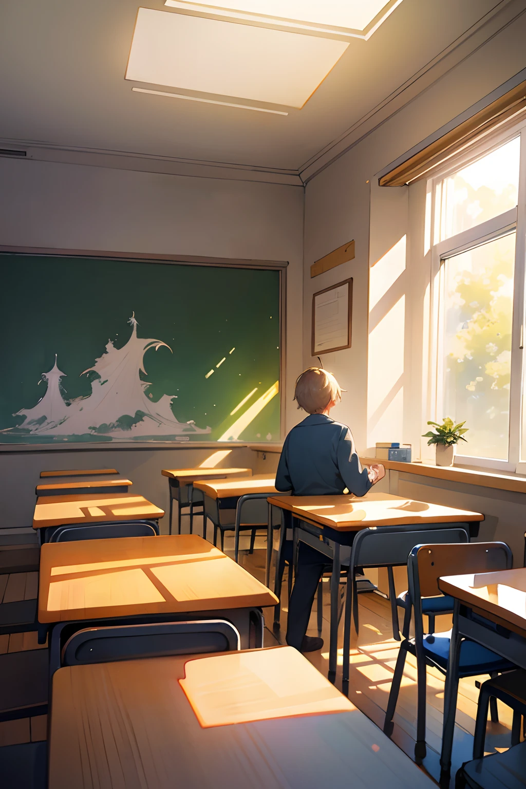 Boys drawing in classroom,Bright classroom,Classmates who draw,Quiet atmosphere,A soft glow illuminates the scene,Watercolor Painting Light Sense,Fantasy bright background,artwork of a,flatillustration,Vito immediately modeled,16k,ultra - detailed