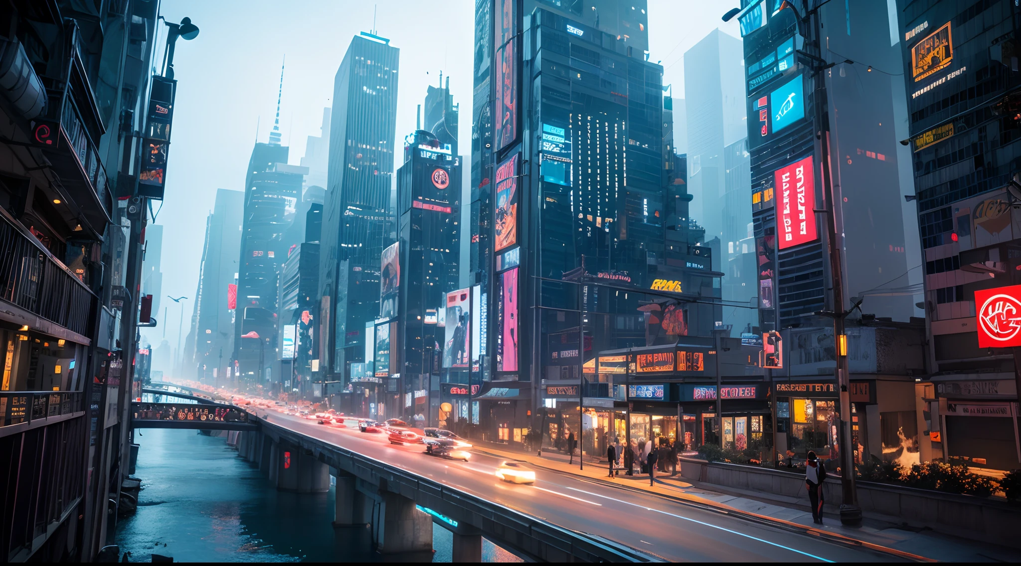 Futuristic Cyberpunk City with river, scenography, fantastical scenes, insane details, levitating, trending on ArtStation.