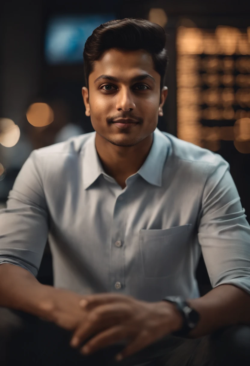 Hyper-realistic image of a 20-year-old Indian man, similar to Elon Musk, PORTRAIT STYLE, clear face, Happy Eyes, In the background, stock market stock charts are clearly visible