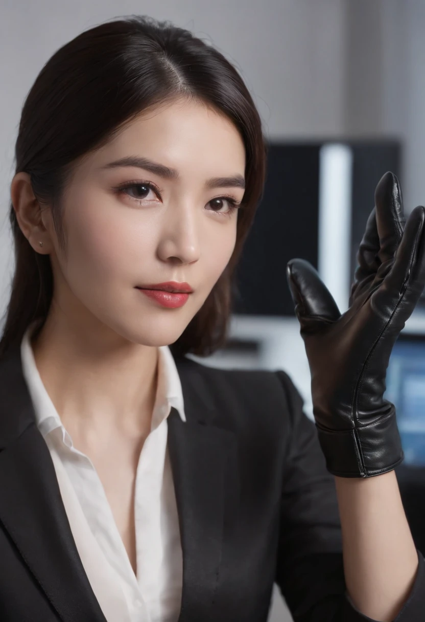 Upper body wearing black leather gloves in both hands Black business suit Facing the desk in my room with a computer in the dark, tapping the computer keyboard with the fingertips of black leather gloves while looking at the screen Black hair bundled in the back for a long time Japanese female new employee (black leather gloves cover both hands) (angle is in the front)