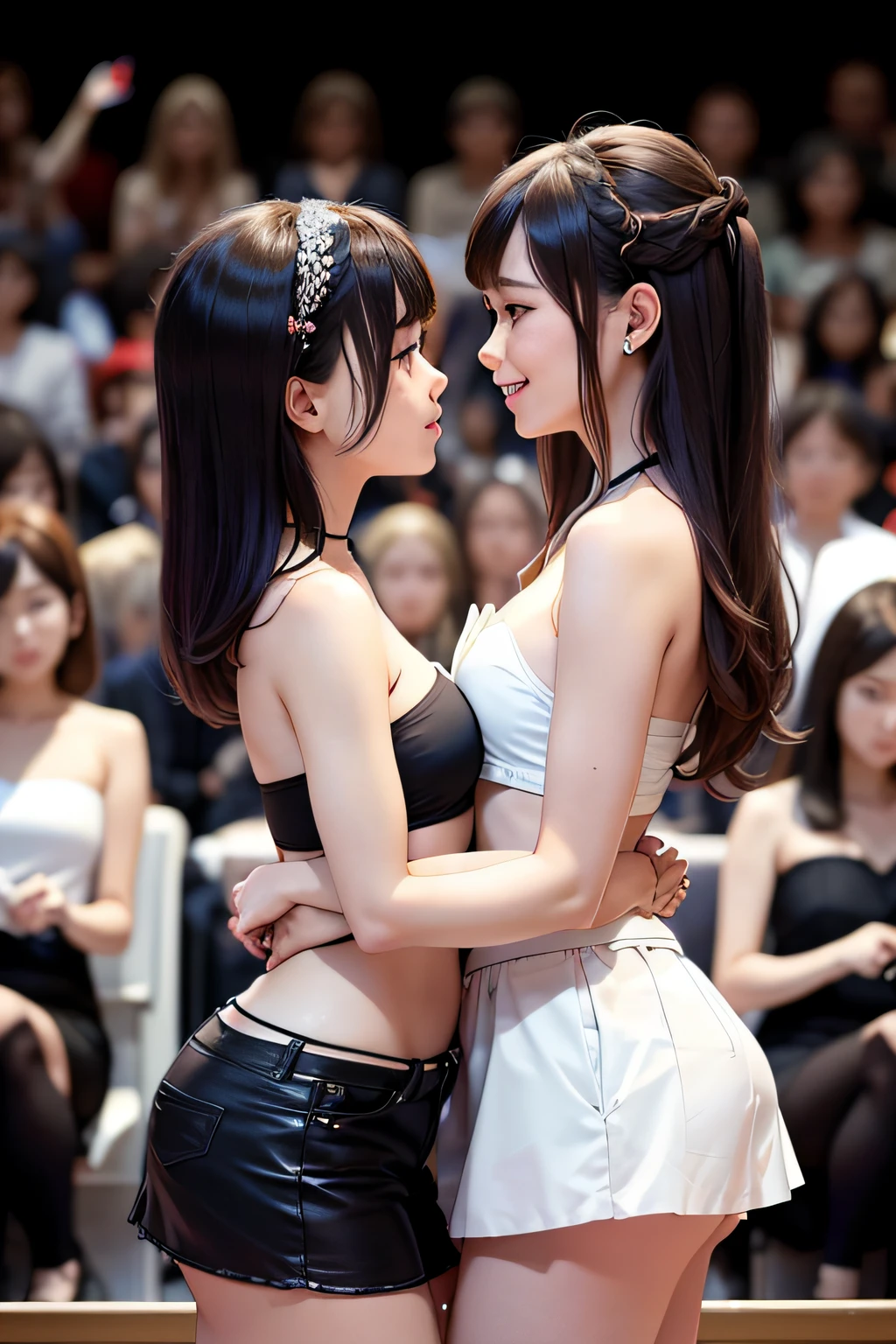 twogirls， jpn， brunette color hair， ssmile， Bandeau， mini-skirts， In front of a crowd， Photo session ，twincest，face to face，Two beauties，Look at each other