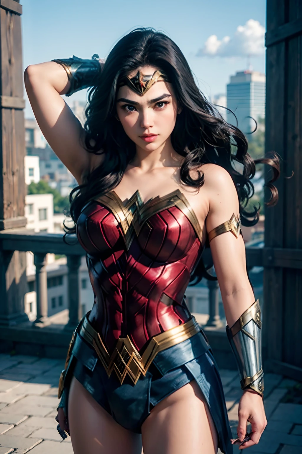 Wonder woman, to jump, wonder in front of the sky_woman_cosplay_Wearing a outfit、
good hand、4K、hight resolution、​masterpiece、top-quality、headw:1.3、((Hasselblad photo))、Fine skin、foco nítido、(Cinematographic lighting)、natta、Soft lighting、dynamic ungle、[:(详细的脸:1.2):0.2]、medium chest、outside、