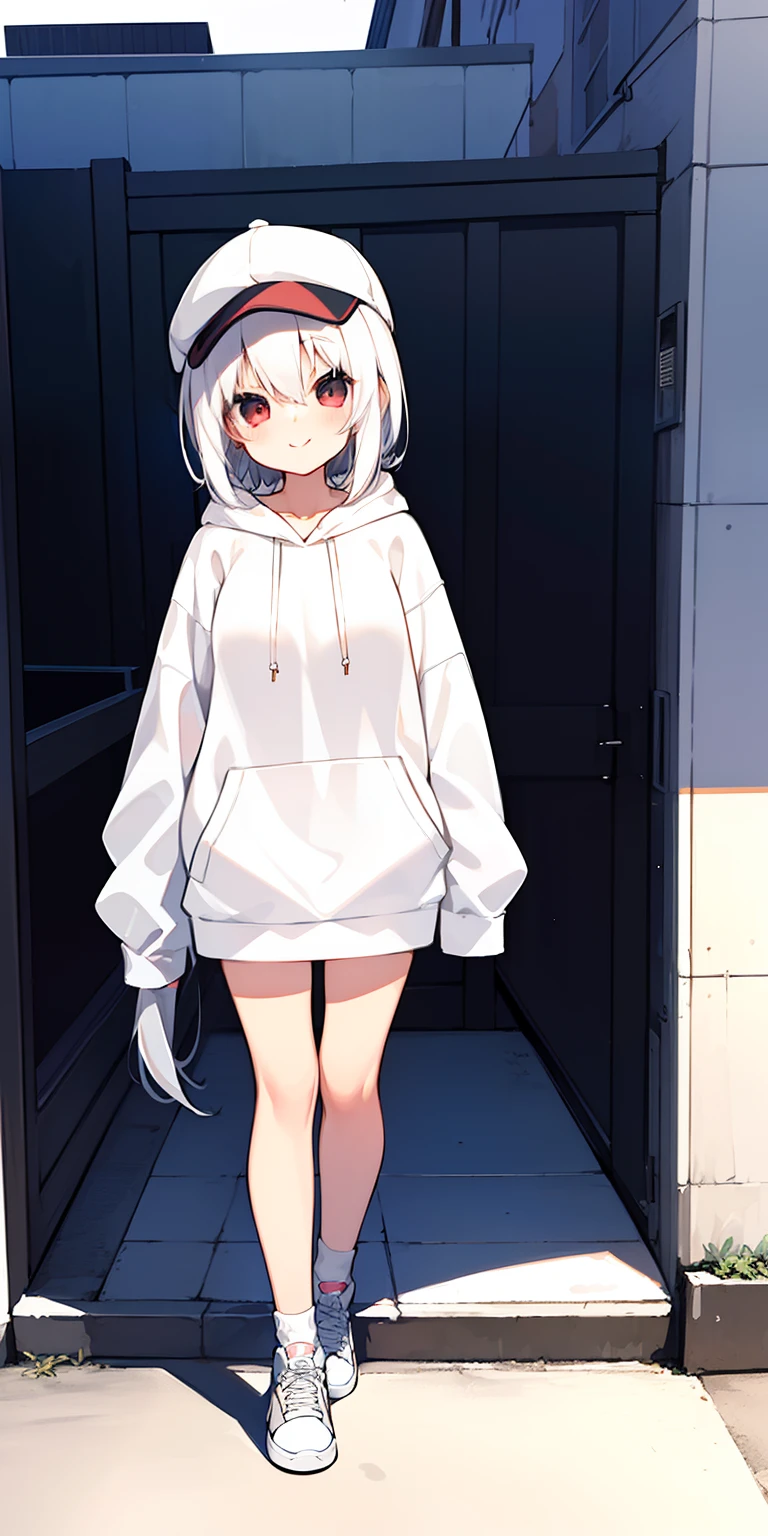 masterpiece、top-quality、女の子1人、white hair、Wolfcut、Viewer's Perspective、kawaii、Long Hoodie、outside of house、Street、A slight smil、Short stature、large full breasts、Wearing a cap
