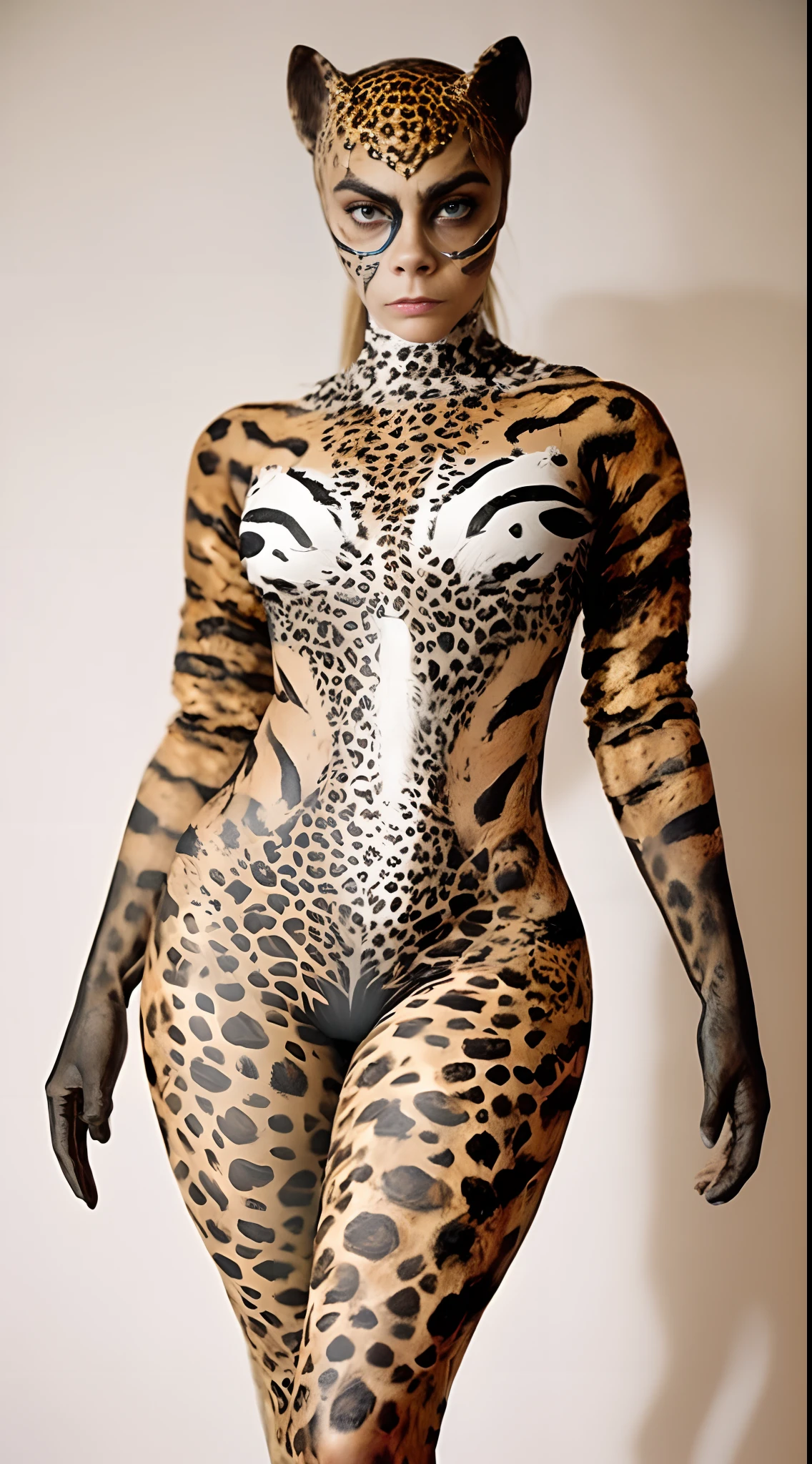 (Cara Delevingne) in a leopard costume and mask is standing on a white surface, full body art, fullbody painting, full body painting, full - body art, body paint, fullbody art, professional body paint, bodypaint, wearing animal skin clothing, bodypainting, highly detailed full-body art, tight full body suit, body painted with black fluid, skintight suits