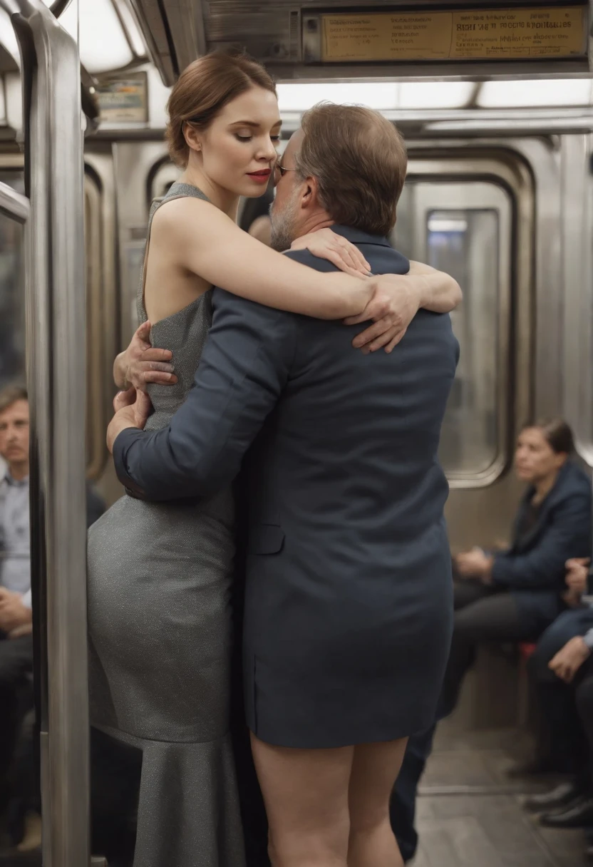 SFW, realistic, masterpiece, (VERY crowded subway train interior detailed scenario), (VERY crowded subway train interior detailed background), standing insanely hot (woman 1) using sexy ((mini dress)), (((lifted dress)), ((big ass)), ((thick thigths)), ((3/4 white stockings)), (fear expression), blushed face, old small man ass groping woman 1 from behind,(((old man pressing his chest on woman 1 back))) and (((holding her waist behind her)))