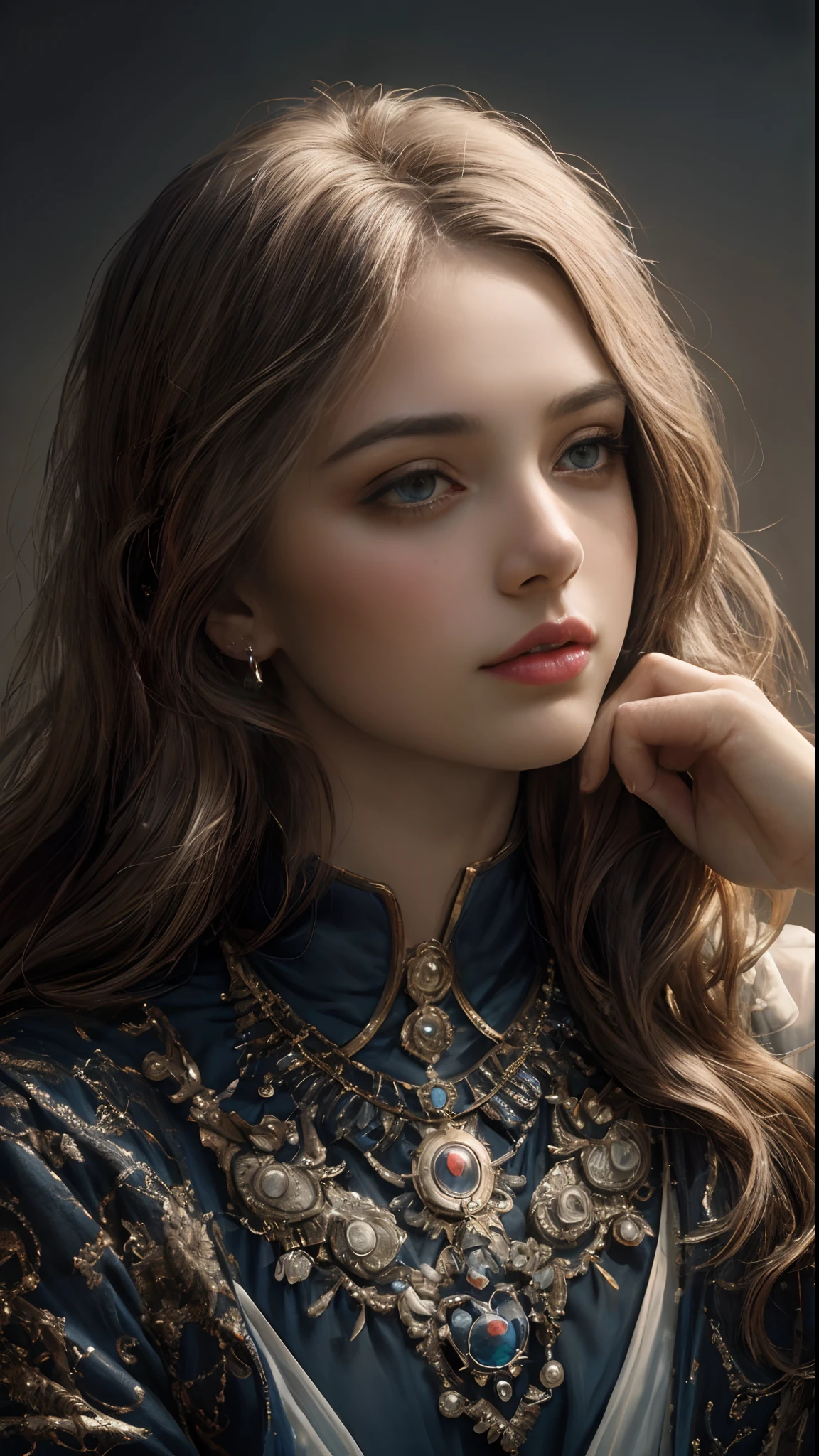 A close up of a woman with long hair wearing a blue dress - SeaArt AI