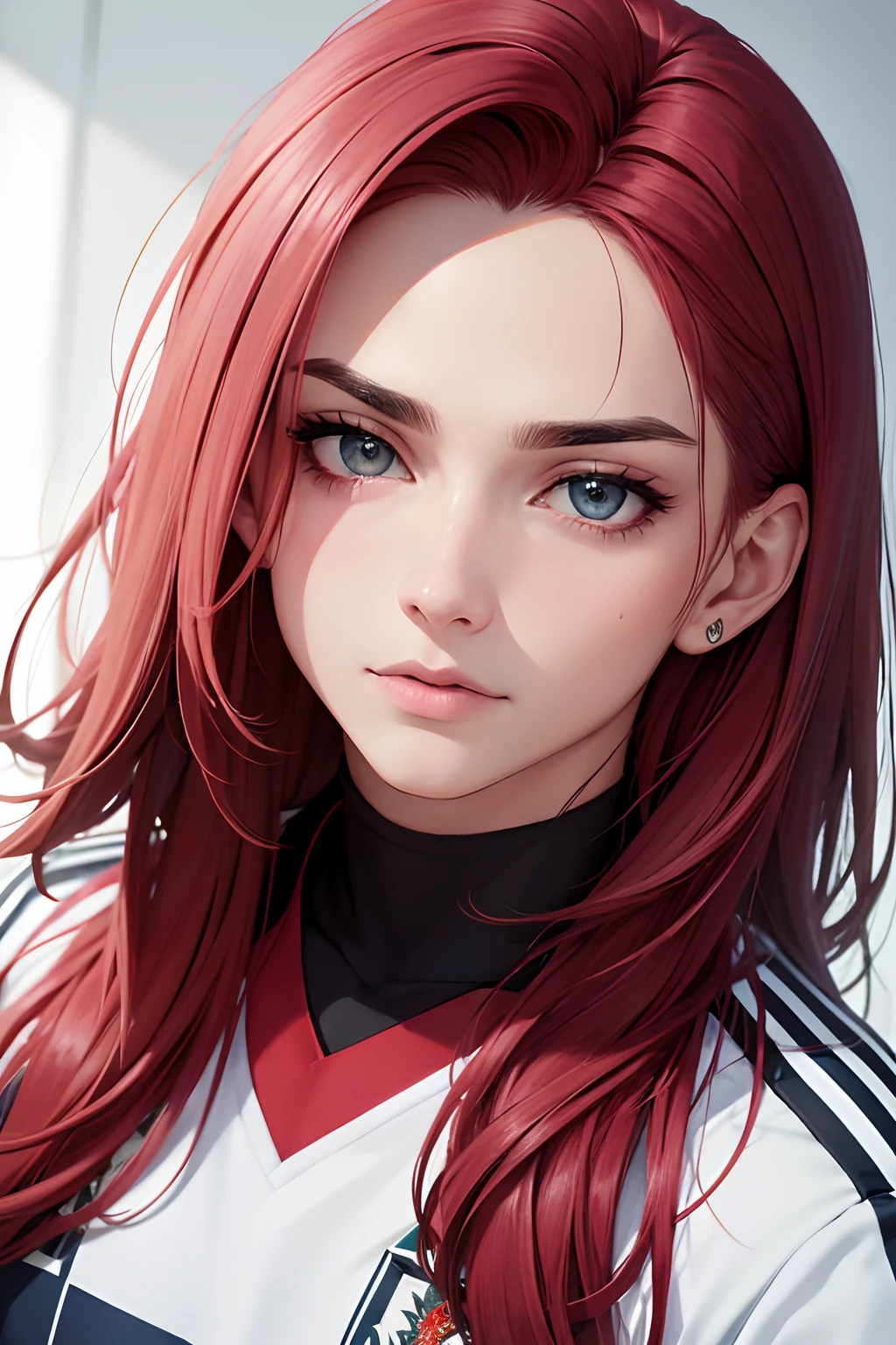 homem, cabelo rosa baixo curto, olhos vermelhos e tatuagem no rosto,uniform soccer