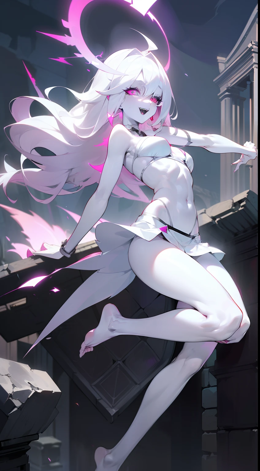 1girl,mature female,solo focus,,glowing magenta eye,colored sclera,white hair, long hair,(((pale skin,extremy white skin,hair over one eye,halo pink,))), sharp teeth, open mouth,(((medium breasts,glossy body,sexy))),((white bikini,hidden arms,hidddn hands, white skirt,bare feet)),(((villain,psycho,villain smile, psychopath))),(((flying in front a stones ruins in night,))),masterpiece,hd,best quality,8k,detailed face