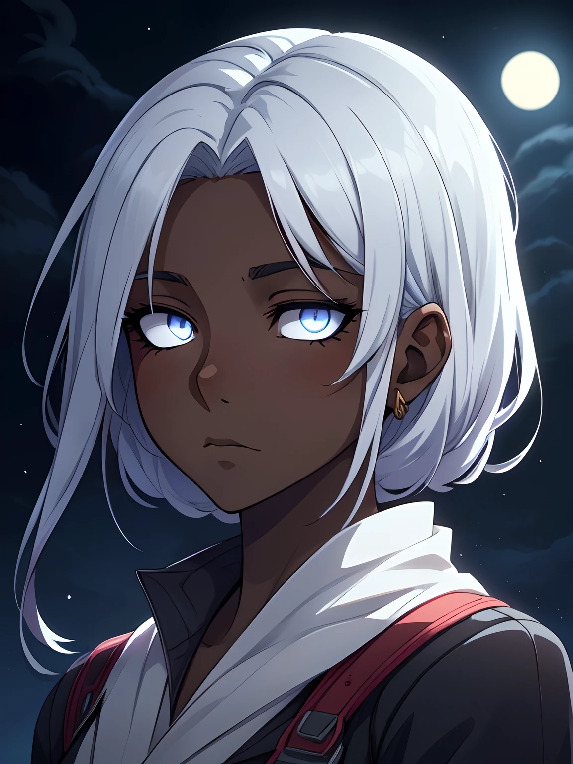 1 girl, (dark skin:1.2), shy, cute, cold expression, (8k, RAW photo, best quality, masterpiece:1.2) ultra-detailed, Super detailed, vivid colors, anime, unreal engine 5, studio lighting, portrait, white eyes, blank eyes, Night clouds background, Aesthetic, romantic, Luna