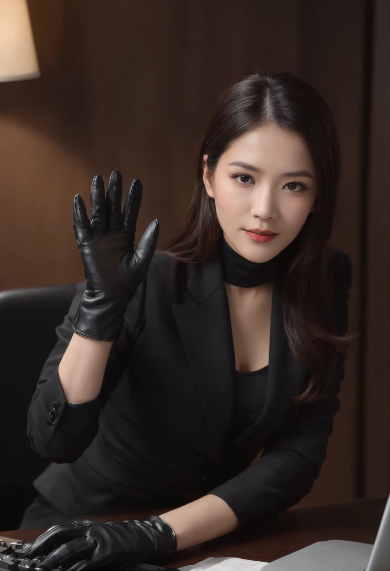 Upper body wearing black leather gloves in both hands Black business suit Facing the desk in my room with a computer in the dark, tapping the computer keyboard with the fingertips of black leather gloves while looking at the screen Black hair bundled in the back for a long time Japanese female new employee (black leather gloves cover both hands) (angle is in the front)