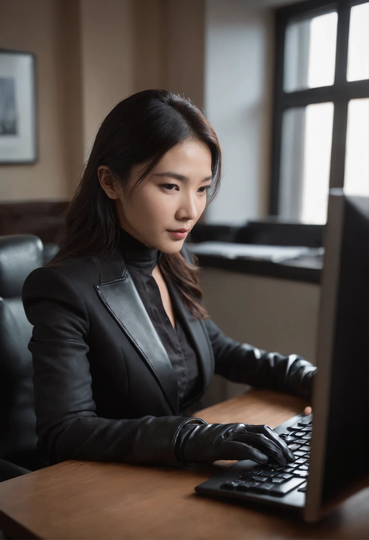 Upper body wearing black leather gloves in both hands Black business suit Facing the desk in my room with a computer in the dark, tapping the computer keyboard with the fingertips of black leather gloves while looking at the screen Black hair bundled in the back for a long time Japanese female new employee (black leather gloves cover both hands) (angle is in the front)