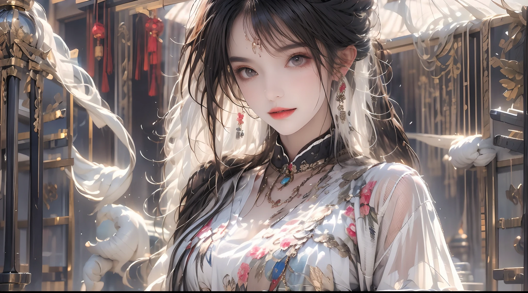 ((Best Quality)), ((Masterpiece)), (Details: 1.4), 3D, A Beautiful Female Figure, HDR (High Dynamic Range), Ancient Chinese Costumes, Satin Clothing, Feminine and Sexy, White Cheongsam, Green Hair Accessories, Tassel Earrings, Ray Tracing, NVIDIA RTX, Super-Resolution, Unreal 5, Subsurface Scattering, PBR Textures, Post Processing, Anisotropic Filtering, Depth of Field, Maximum Sharpness and Clarity, Multi-layer textures, albedo and specular mapping, surface shading, accurate simulation of light-material interactions, perfect proportions, Octane Render, two-color light, large aperture, low ISO, white balance, rule of thirds, 8K RAW, ultra-fine detail facial features, facial details, finger details