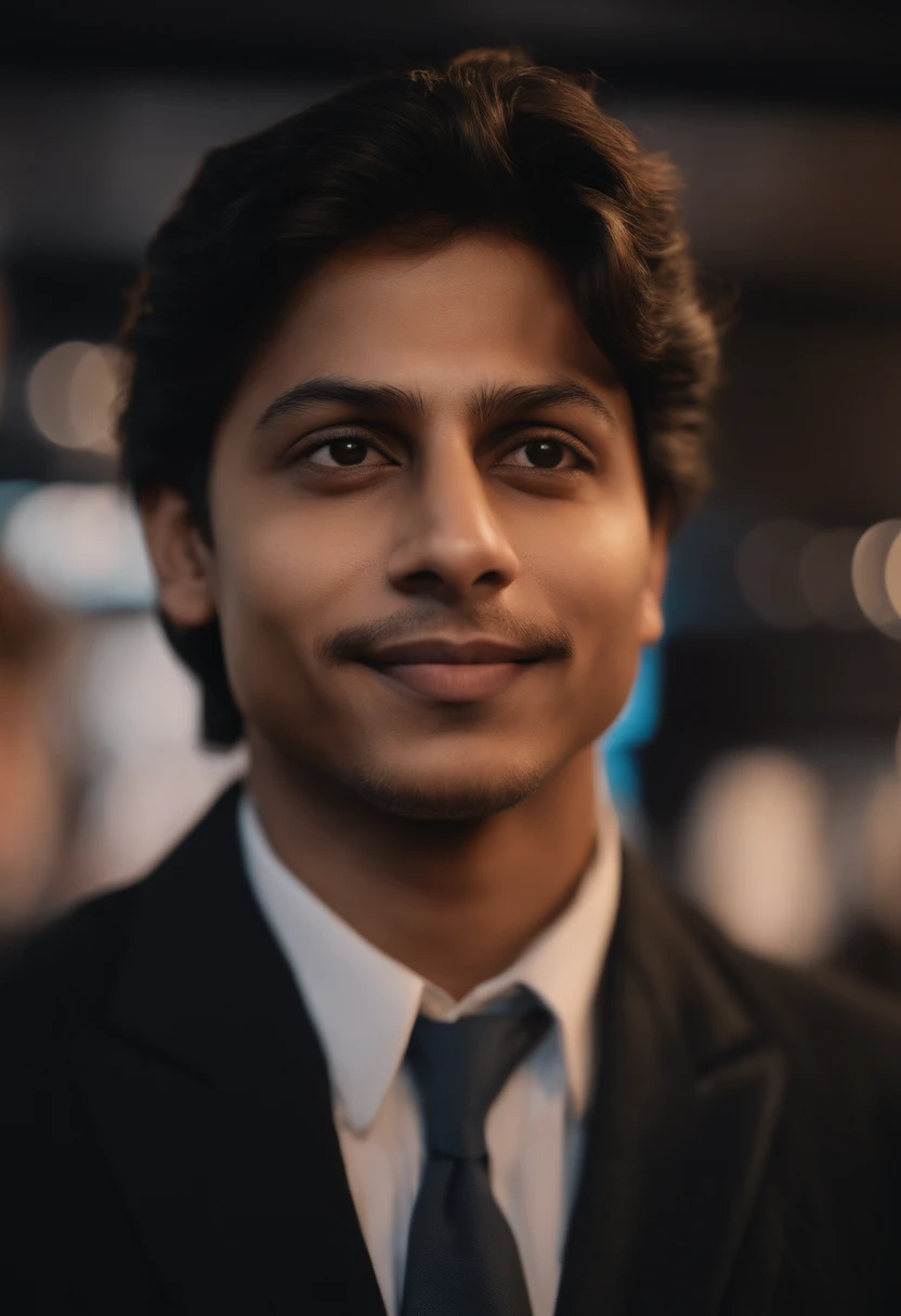 Hyper-realistic image of a 20-year-old Indian man, very similar to Elon Musk and Shah Rukh Khan, PORTRAIT STYLE, clear face, Happy Eyes, In the background, monitors with graphs of stocks and bonds are clearly visible