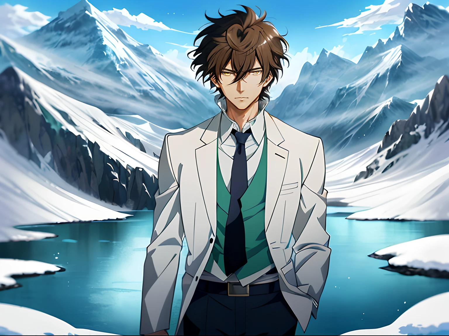 Anime image of a brown-haired man in a white suit and blue tie standing under a snowy mountain，by lake, Shinkai sincerely, New Xiangcheng, Honest, ryuta ueda artwork, offcial art, Anime handsome man, inspired by Hisui Sugiura, koyoharu gotouge, inspired by Okumura Togyu, hijikata toushirou, makoto kano