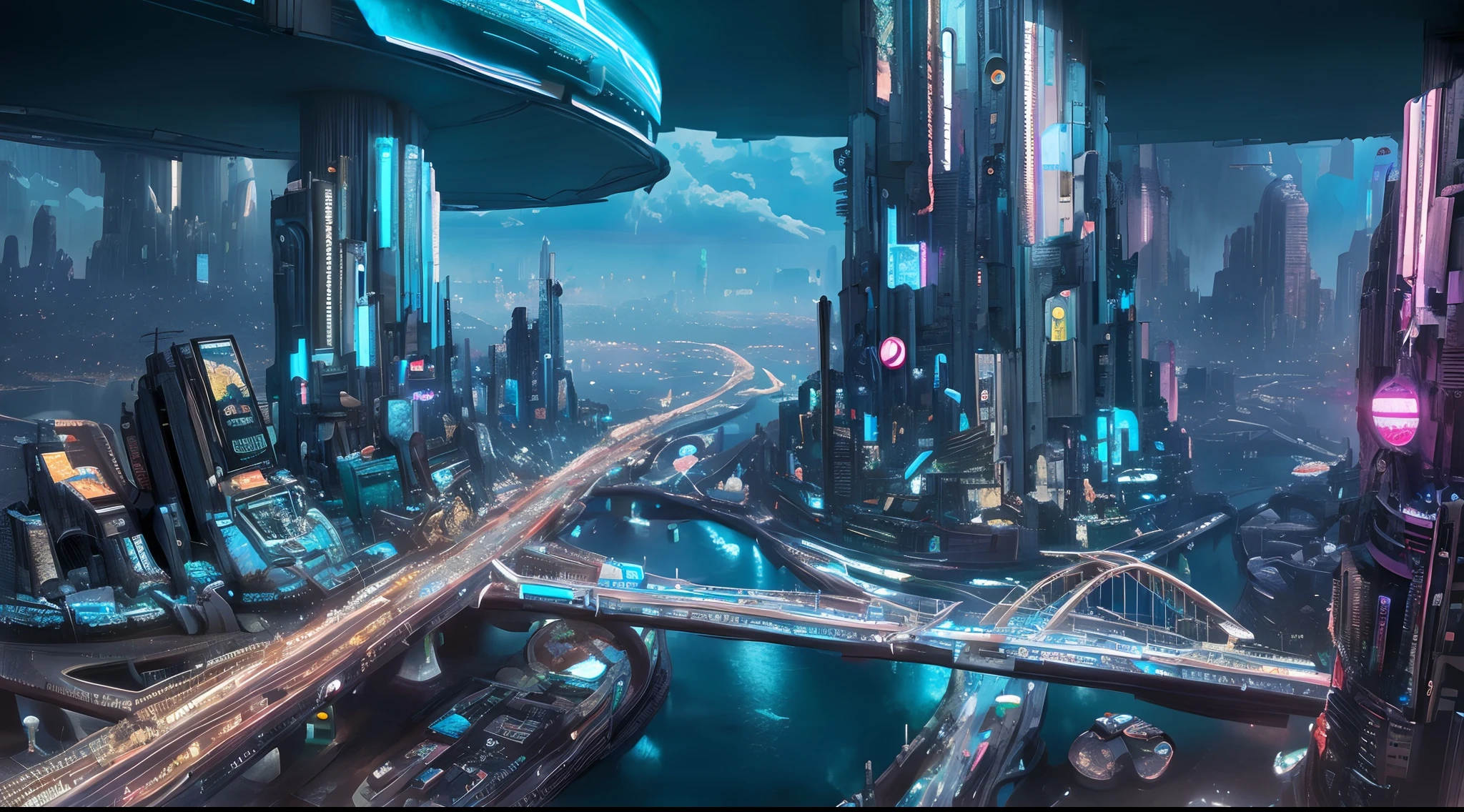 Futuristic Cyberpunk City with river, scenography, fantastical scenes, insane details, levitating, trending on ArtStation.