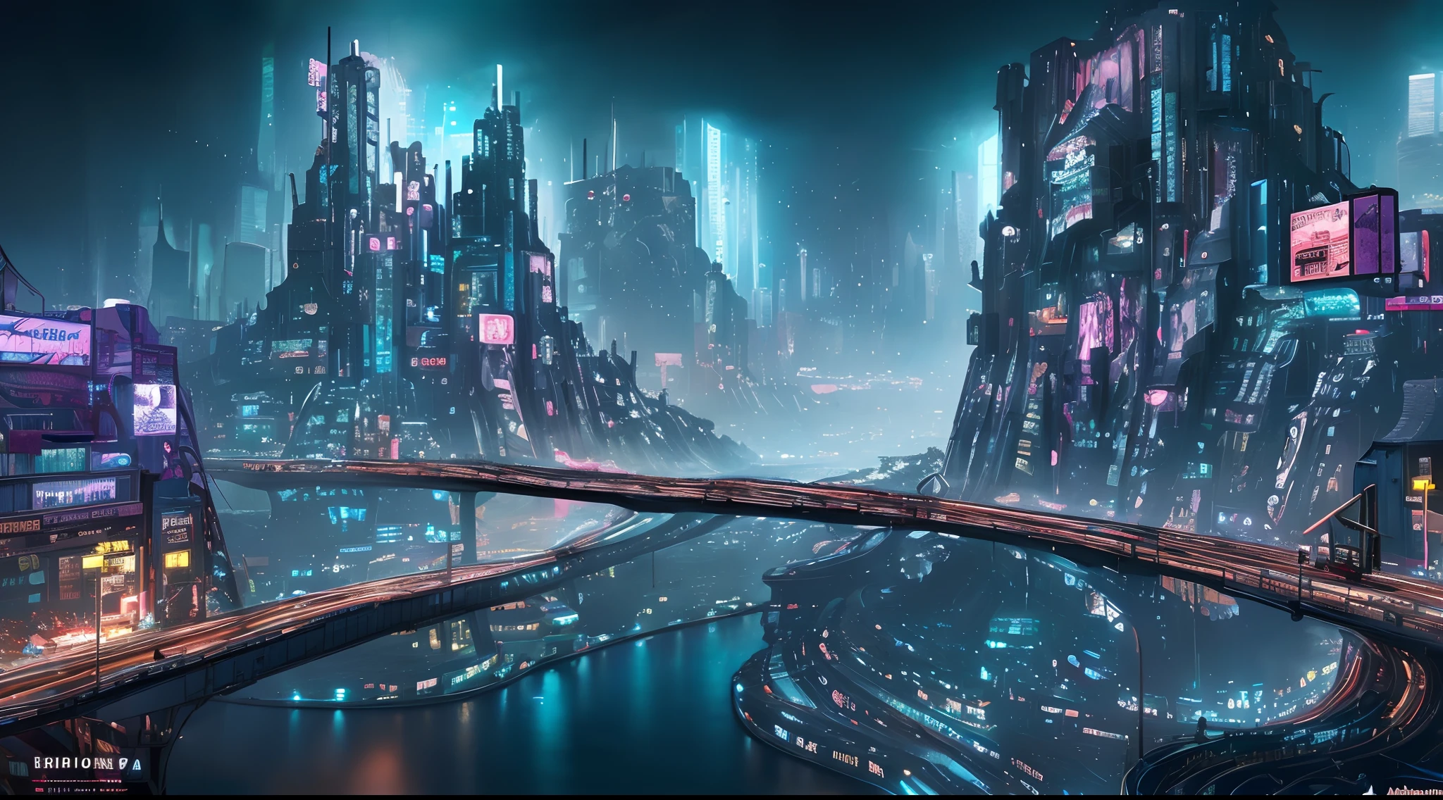 Futuristic Cyberpunk City with river, scenography, fantastical scenes, insane details, levitating, trending on ArtStation.