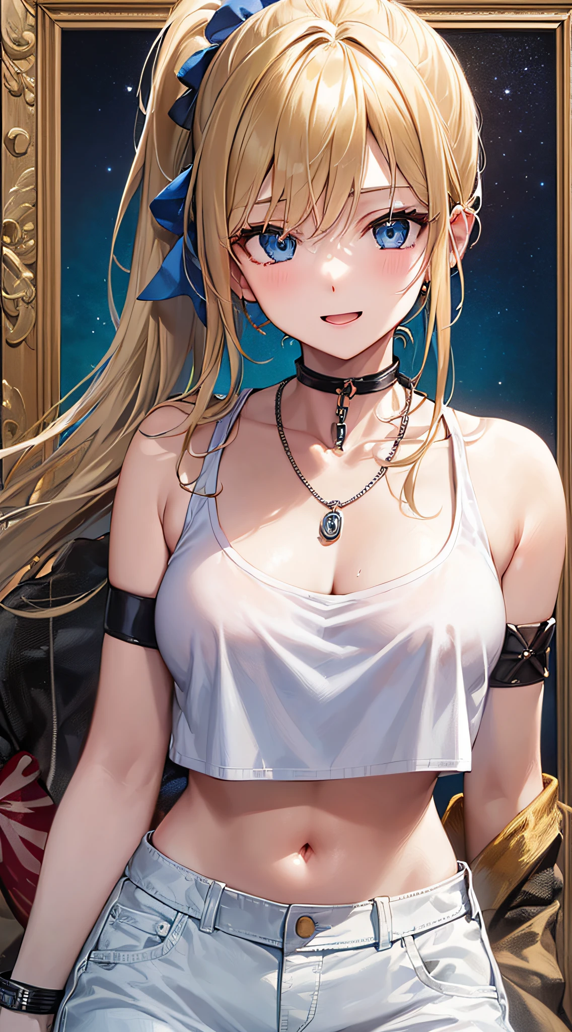 top-quality、Top image quality、masterpiece、girl with((18year old、tatteredclothing、Black Navel Tank Top、White pants、Best Bust、Bust 85、a blond、disheveled ponytail、Blue eyes、open chest wide、Happiness、Chain Accessories、Black wristband on wrist、Slouching Pose、A slender))hiquality、visualart、Background with((Hawaiian))、masutepiece