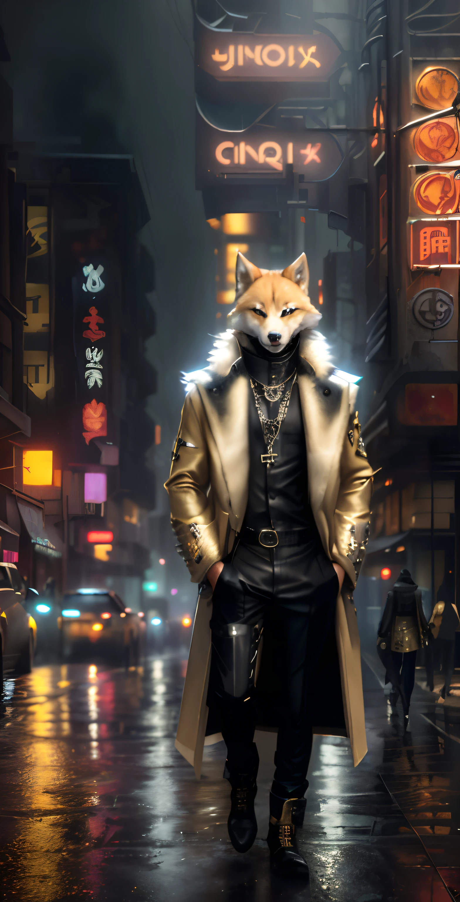 Standing in the rain in Arakfi in a coat and chain, an anthropomorphic cyberpunk fox, Stylized urban fantasy artwork, saints row fursuit tails mod, fursona wearing stylish clothes, anthropomorphic racoon, goldenwolf, koda kazuma, Anthropomorphic fox, Anthropomorphic Shiba Inu, husky in shiny armor