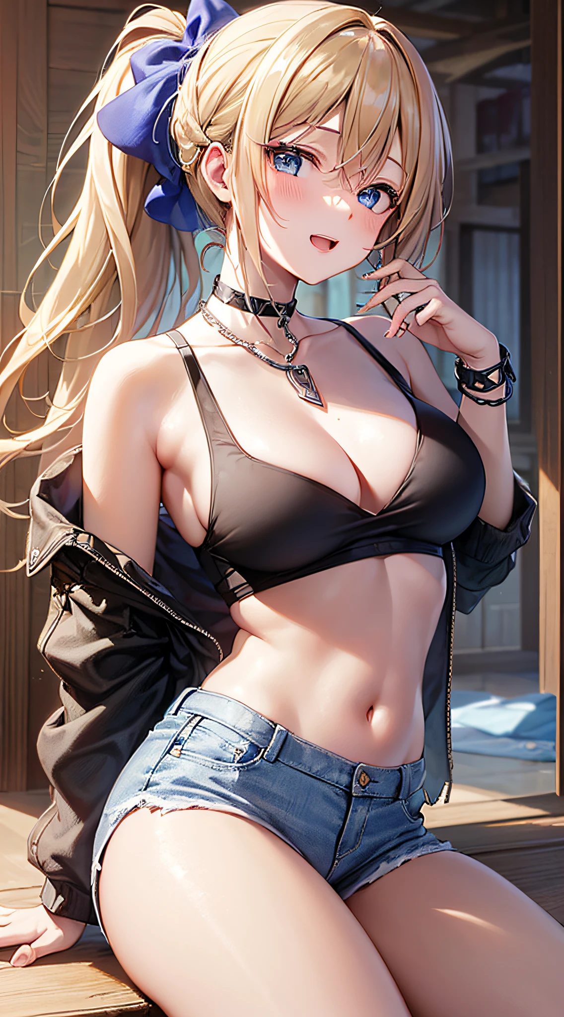 top-quality、Top image quality、​masterpiece、girl with((18year old、tatteredclothing、Black Navel Tank Top、White pants、Best Bust、Bust 85、a blond、disheveled ponytail、Blue eyes、open chest wide、Happiness、Chain Accessories、Black wristband on wrist、Slouching Pose、A slender)）hiquality、visualart、Background with((Hawaiian))、masutepiece