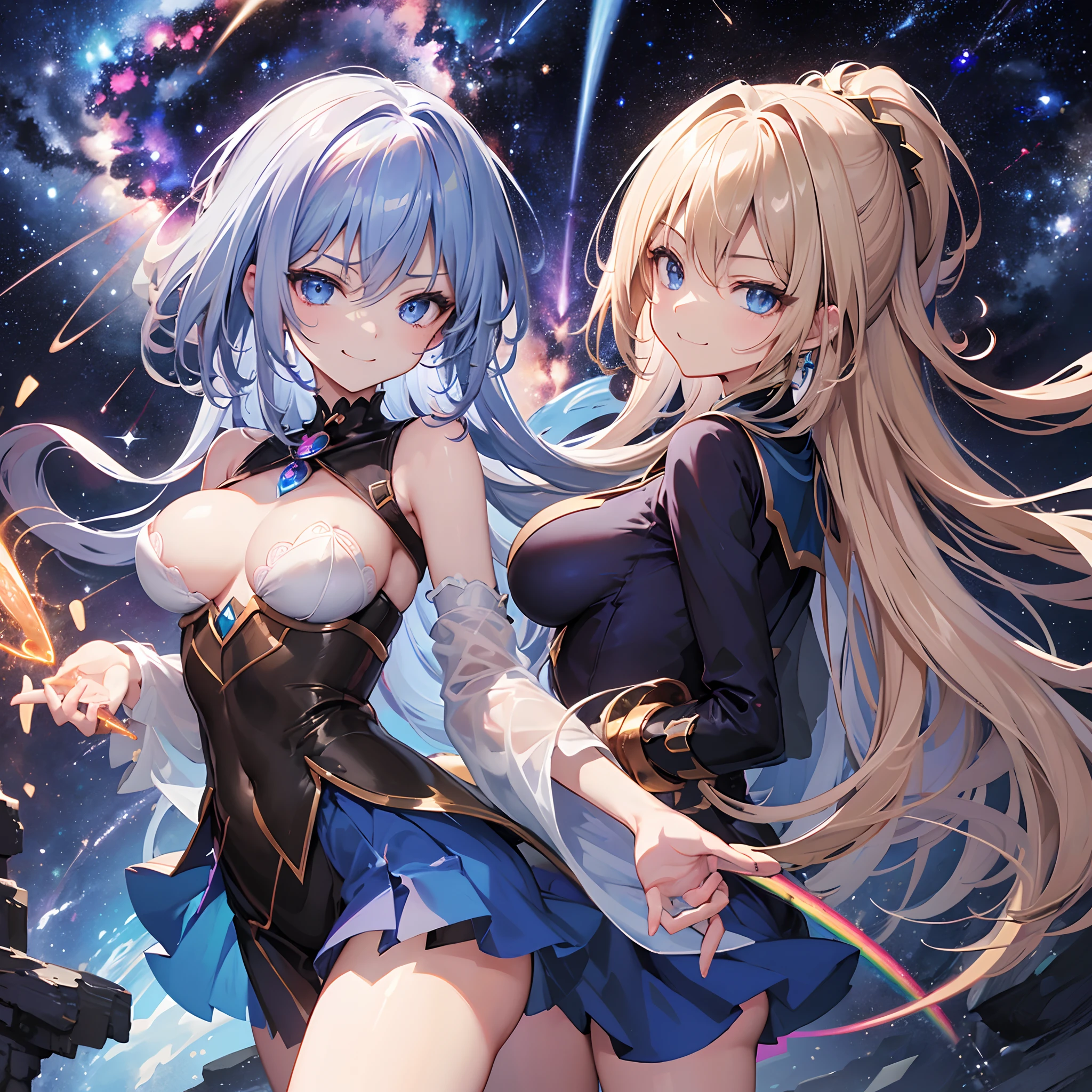 Dark Magician Girl、MKSKS style、two individuals、(highly detailed back ground:1.0)、(highly detailed back ground:1.0)、​masterpiece、top-quality、超A high resolution、8K、full bodyesbian、frombelow、(1/2 Silver、1 Silver/2 Golden brown hair)、BREAK、Detailed skin、glowy skin、(A detailed eye、Blue eyes)、Burning cheeks、(Smirk:1.4)、Large breasts、Break HA、(Rainbow Shirt:1.6、Detailed clothing)、looking in camera、(milkyway:1.5)