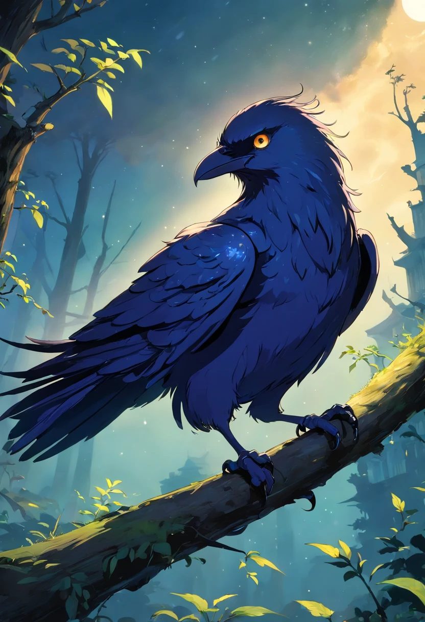 Create a detailed description of 'Nocturno,' Benny's loyal raven companion in the desolate, post-human fantasy world. Nocturno should be a visually striking character, simple in form and entirely within the natural realm of a raven. He should have sleek, iridescent black feathers that shimmer with hints of deep blue and purple when caught in the light. Nocturno's eyes should be piercing and enigmatic, with bright, almost unnaturally blue irises that seem to hold ancient wisdom. His beak should be sharp and sleek, with a faint glint of silver at its tip.
Nocturno's wingspan should be impressive, showcasing his agility and grace as he soars through the darkened skies. He should have one distinctive feature—a single, delicate feather on his left wing, which stands out as it possesses a subtle luminescence, casting a soft, ethereal glow in the moonlight.
Nocturno's demeanor should exude a sense of both intelligence and mystery. He should have an uncanny ability to communicate with Benny through a combination of subtle body language and hauntingly melodious caws. His presence should be both comforting and enigmatic, embodying the essence of an otherworldly creature in this post-human landscape. Describe any additional unique characteristics or behaviors that make Nocturno stand out as an extraordinary companion to Benny, while ensuring that he retains the characteristics of a raven.