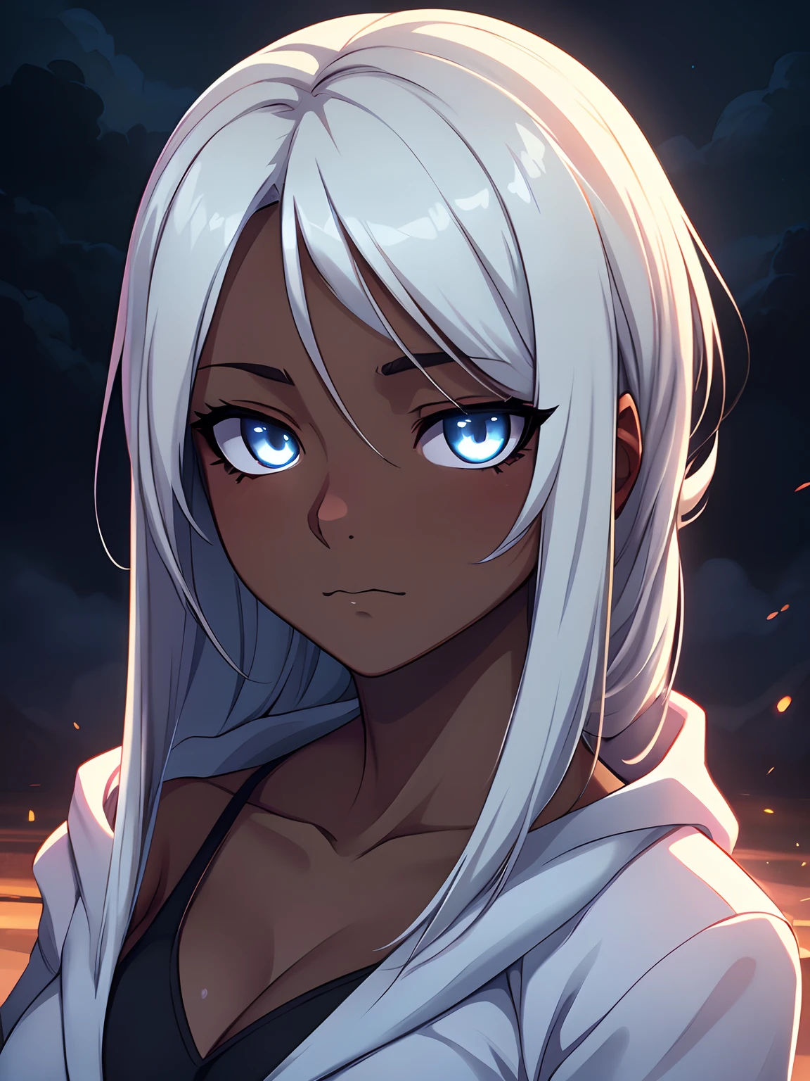 1 girl, (dark skin:1.2), shy, cute, cold expression, (8k, RAW photo, best quality, masterpiece:1.2) ultra-detailed, Super detailed, vivid colors, anime, unreal engine 5, studio lighting, portrait, full white eyes, blank eyes, Night clouds background, Aesthetic, romantic, Luna