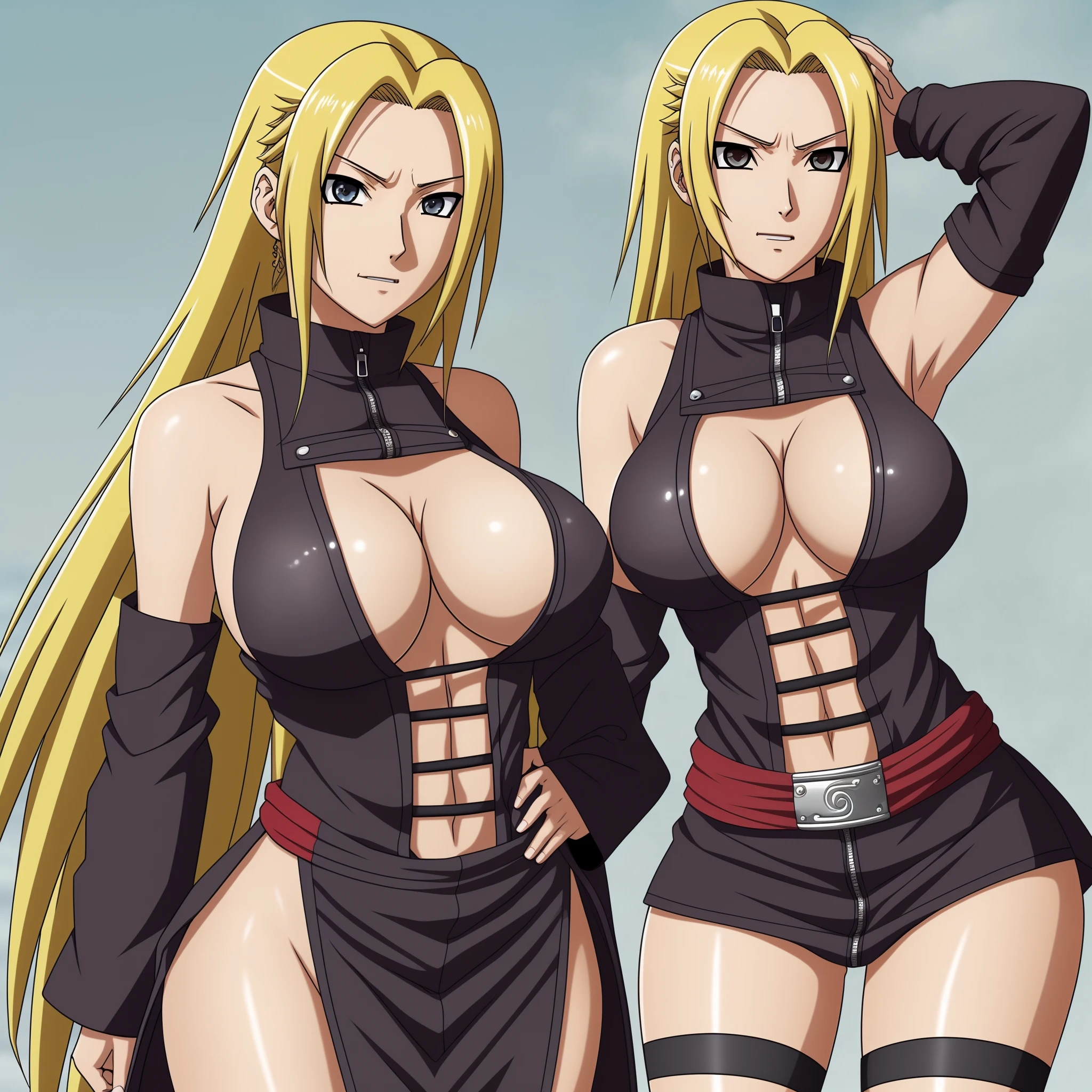 Naruto fusion with tsunade, looking to you, big breast, thighs high, mature women, transgender, yellow black hair, sexy drees, big breast,