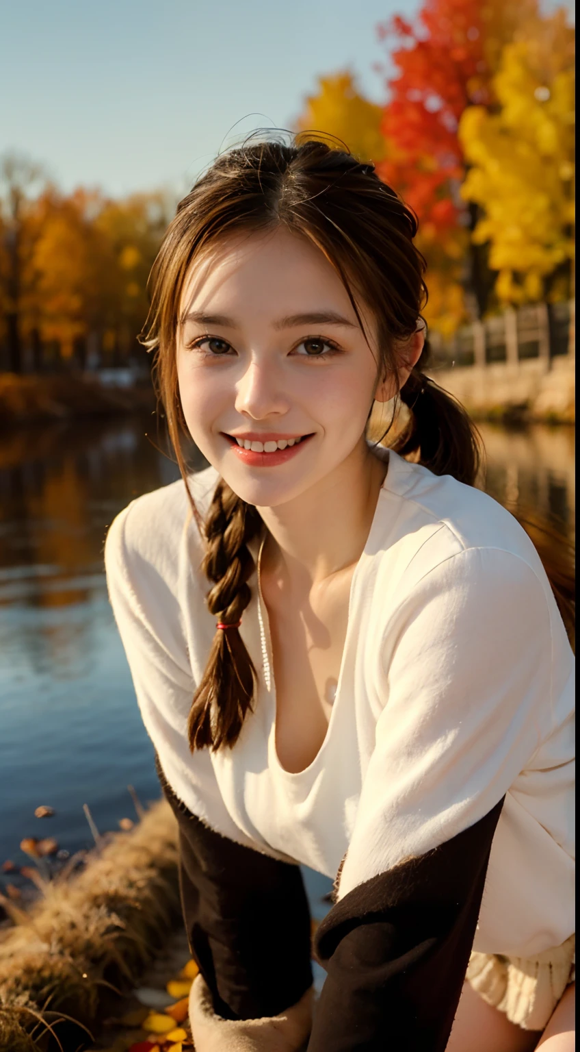 1 pretty girl,white skinned,brown hair,looking at viewer, beautiful medium chest, Russia, pony tail, authentic happy smile, kneeling, autumn vibe, magical evening amber light
