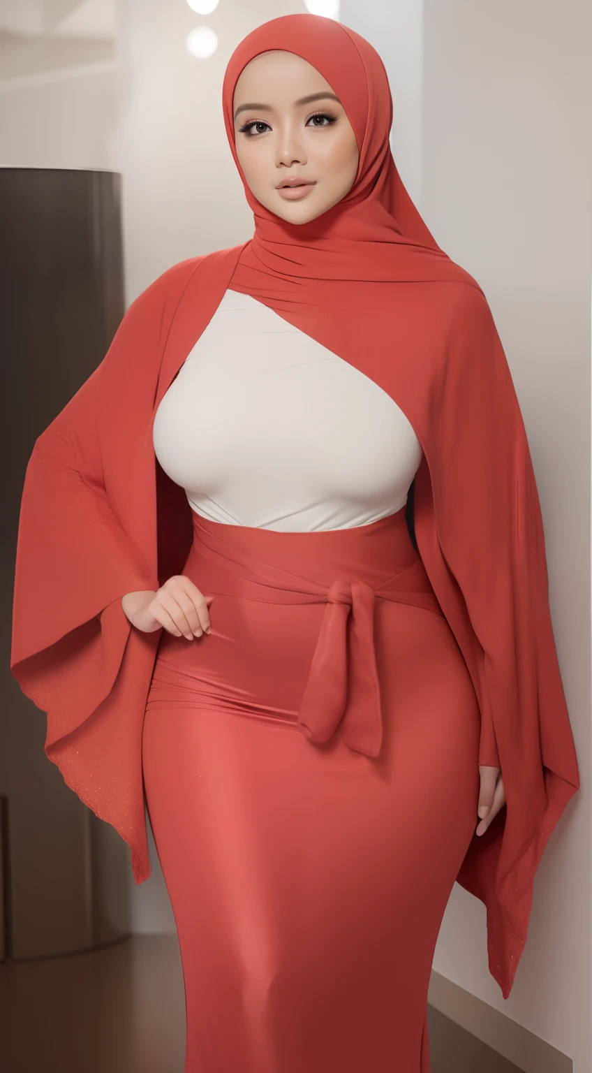 (NSFW,highres:1.2),1 girl,mirafilzah,perfect body shape, slim waist, curvy hourglass figure, full body picture, skinny waist and thick hips,full body view,big boobs,wearing a hijab,wearing tight dress,beautiful detailed eyes,long eyelashes,natural makeup,soft smile,she has a jiggly fat round belly,vivid colors,studio lighting,physically-based rendering,digital artwork,bokeh