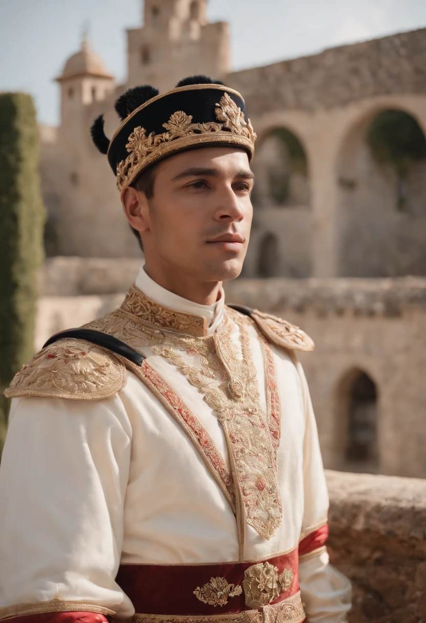 (Eliyauh) in an ultra realistic photo shoot as an emperor, (photoshoot 32k extremamente detalhado), dentro de castelo luxuoso, resultado estilo sdxl ultra real, pele real, uniforme