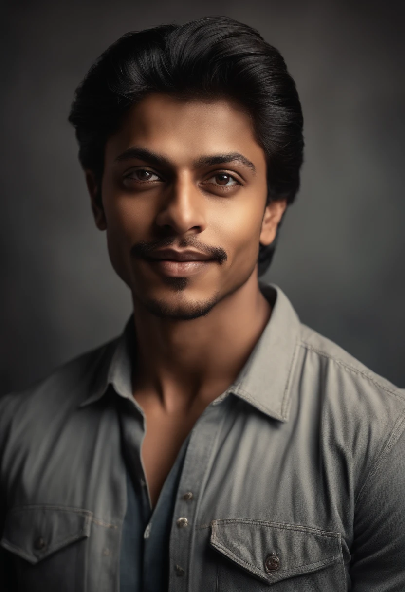 Hyper-realistic image of a 20-year-old Indian, very similar to Elon Musk and Shah Rukh Khan, PORTRAIT STYLE, clear face, Happy Eyes