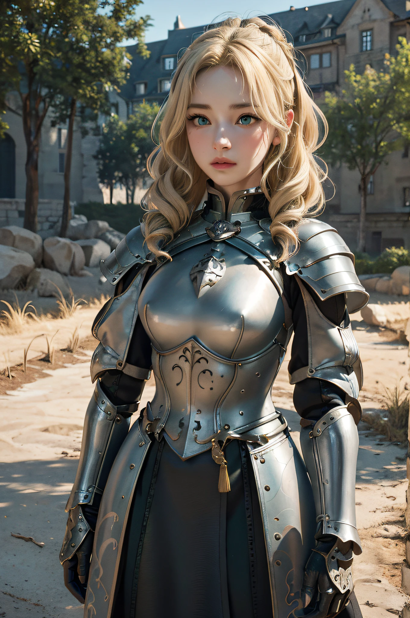 Warrior blonde, armor, medieval fantasy, D&d, RPG, ultra realistic, ultra detailed, best quality, 8k, wallpaper, steel breastplate, steel gauntlets, steel gloves, sitting, short skirt, blue skirt, tiny panties, tight panties, white panties, panty view, upskirt, cameltoe, pantyshot, RAW,