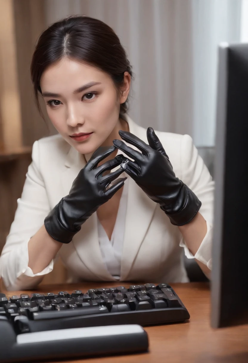 Wearing black leather gloves in both hands, upper body, black business suit, facing the desk in my room with a computer in the dark, tapping the keys of the computer keyboard with the fingertips of black leather gloves while looking at the screen, black hair bundled in the back for a long time, Japanese female new employee (black leather gloves cover both hands) (angle is in the front)