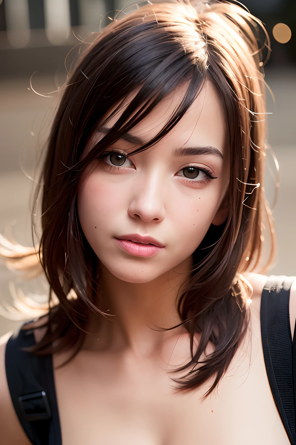 best quality, masterpiece, girl, black hair, dark eyes, home, sunny, shiny skin, sun flare
