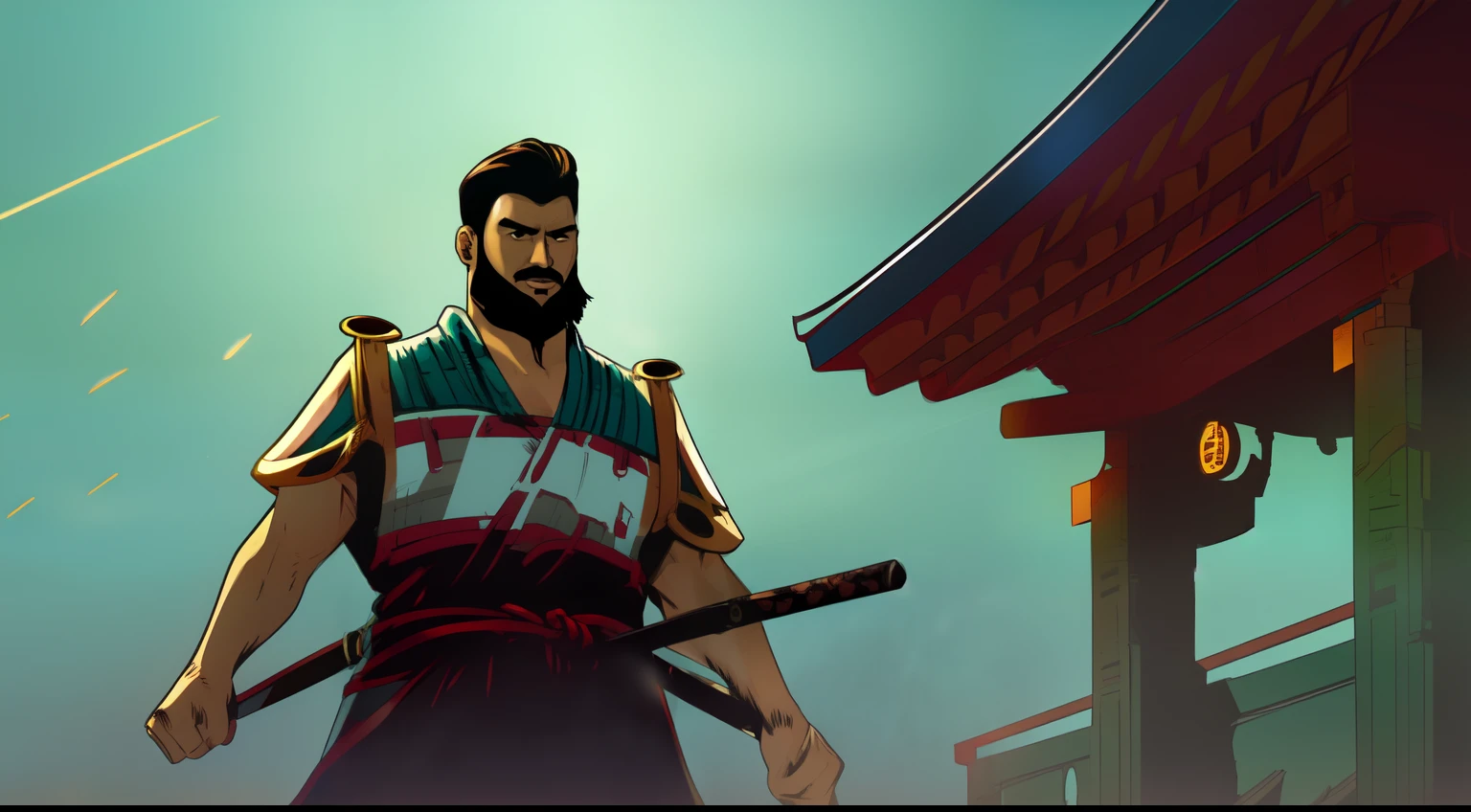 Digital portrait painting of a Asian Henry Cavill, young samurai warrior, long tied dark messy black hair, moustache and short beard, stubble on face, handsome, chiseled jaw, looks very angry, wearing a traditional Japanese male outfit blue haori and hakama, Moody Light, Black and white, cinematic, hd,8k,highly detailed, octane render, zeiss lens, half-length shot, trending art station, very beautiful, symmetrical, jamesdaly artstyle, comicmay artstyle