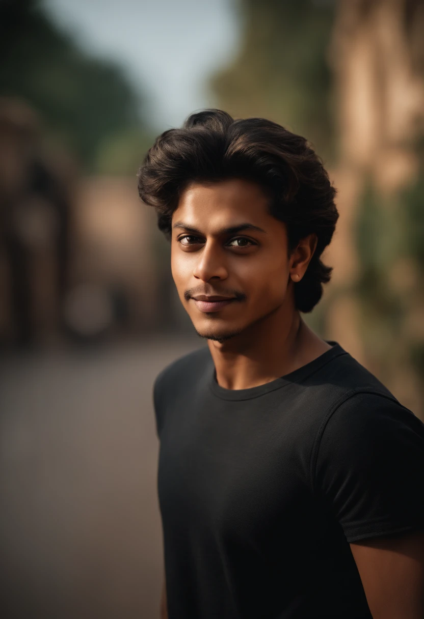 Hyper-realistic image of a 20-year-old Indian, very similar to Elon Musk and Shah Rukh Khan, PORTRAIT STYLE, looks directly into the camera, clear face, Happy Eyes