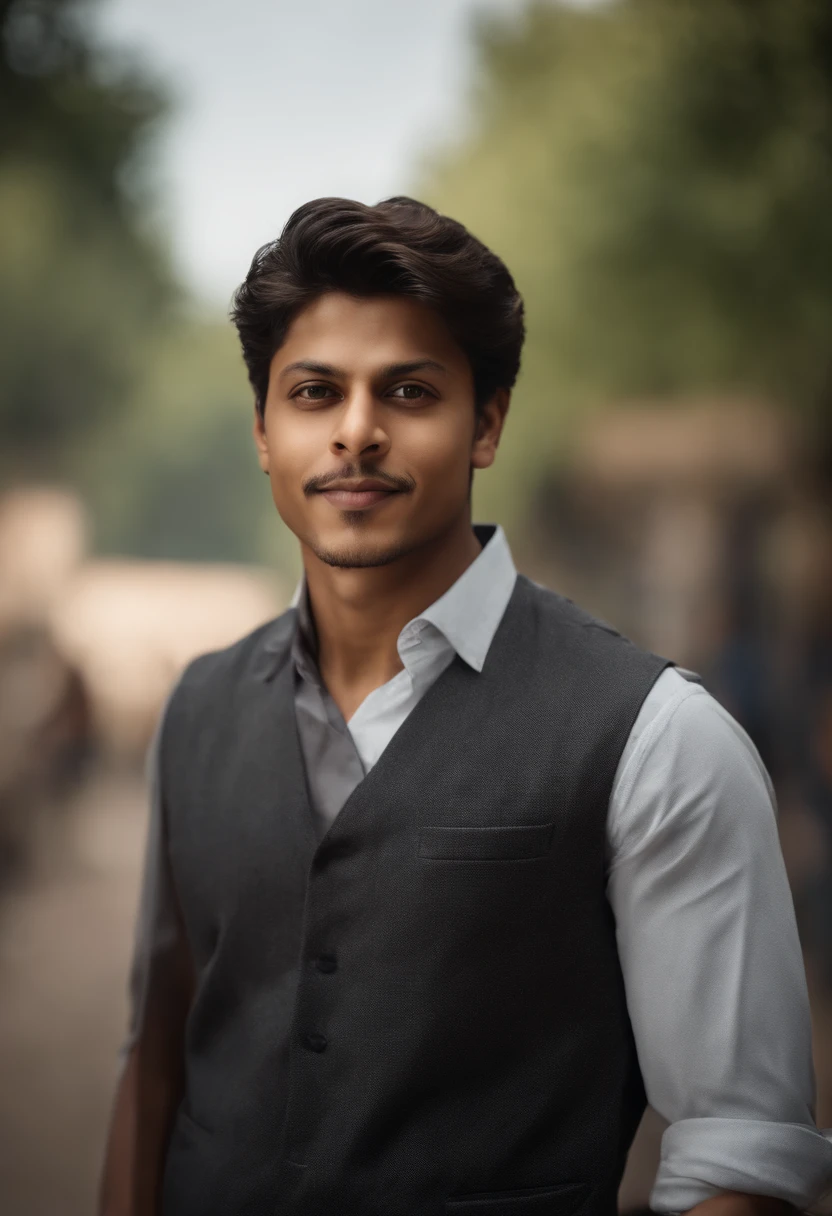 Hyper-realistic image of a 20-year-old Indian, very similar to Elon Musk and Shah Rukh Khan, PORTRAIT STYLE, looks directly into the camera, clear face, Happy Eyes