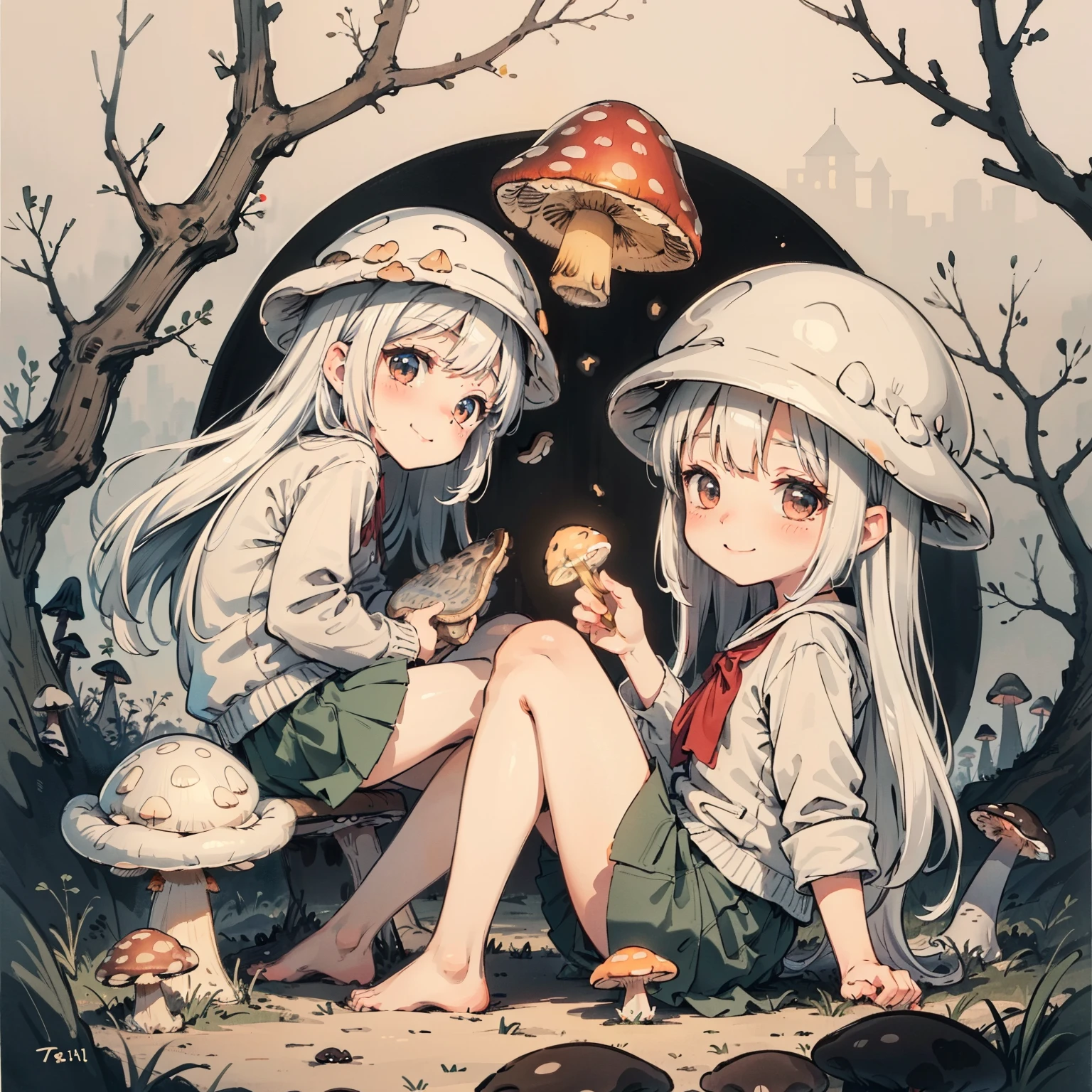 Simple drawing, Mushrooms and girls, tchibi, Cute, Big smile, Dark room, glowing mushrooms, Mushrooms + Mushrooms + Mushrooms + Mushrooms + Mushrooms, Mushrooms on the head, From the side Side,Watercolor illustration, Perfect anatomy, Masterpiece, Best quality, 1girll, Loli,, Solo, (with short white hair:1.2),Nature, landscape