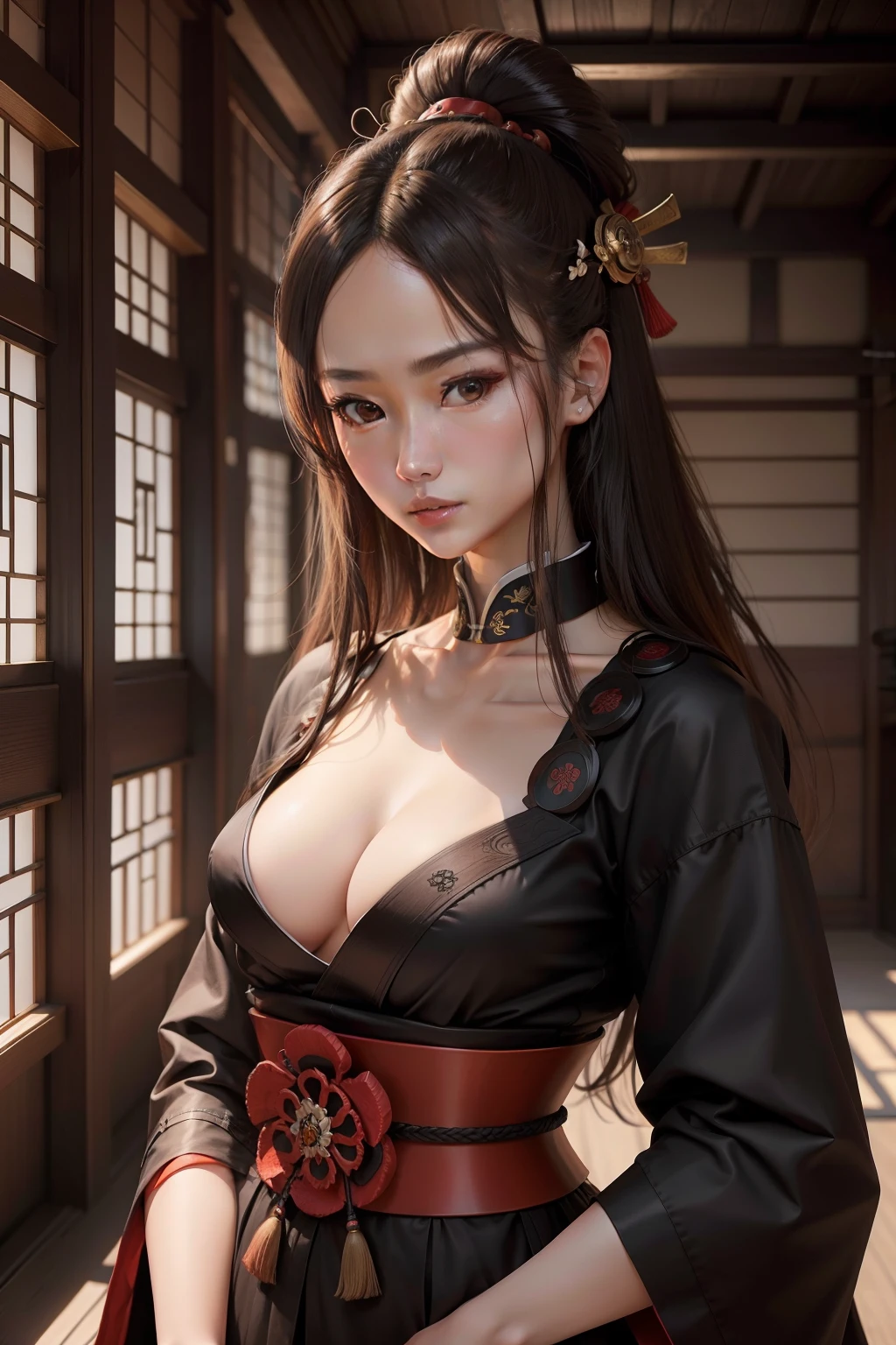 Sun Mastepiece、超A high resolution、Powerful images、8K、Boken、Late Edo period、Samurai period、24 year old female、cabelos preto e longos、Slender tall woman、Beautiful facial features、Brown eyes、