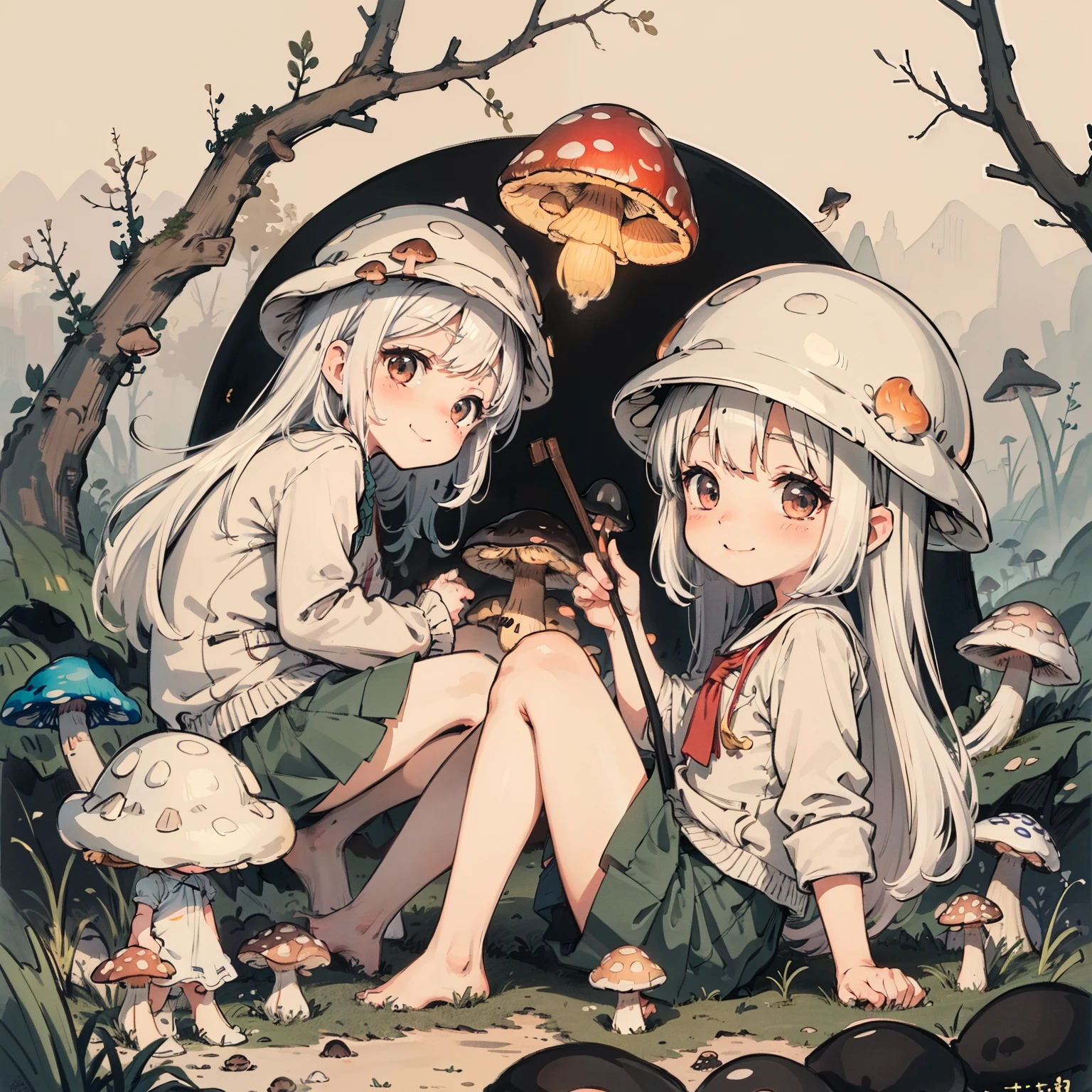 Simple drawing, Mushrooms and girls, tchibi, Cute, Big smile, Dark room, glowing mushrooms, Mushrooms + Mushrooms + Mushrooms + Mushrooms + Mushrooms, Mushrooms on the head, From the side Side,Watercolor illustration, Perfect anatomy, Masterpiece, Best quality, 1girll, Loli,elementary student, Solo, (with short white hair:1.2),Nature, landscape