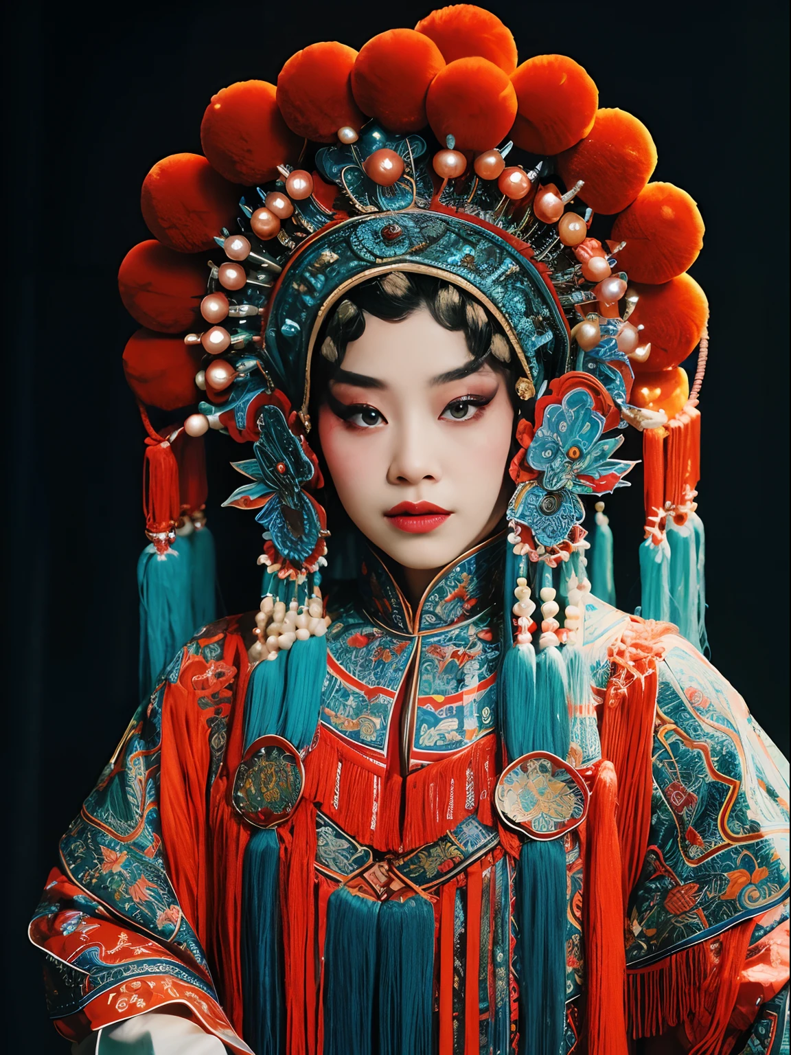 tmasterpiece:(((CNOperaFlag))), 8K,Portrait Photogram,sportrait,Shocking,movie picture quality,。CNOperaCrown, From the front, looking at viewert, Beautiful makeup,Detailed portrayal of the face。Exquisite headdress, Gorgeous costumes, nipple tassels。Chinese red,cloisonne,The correct structure of the human body,Complete hands
