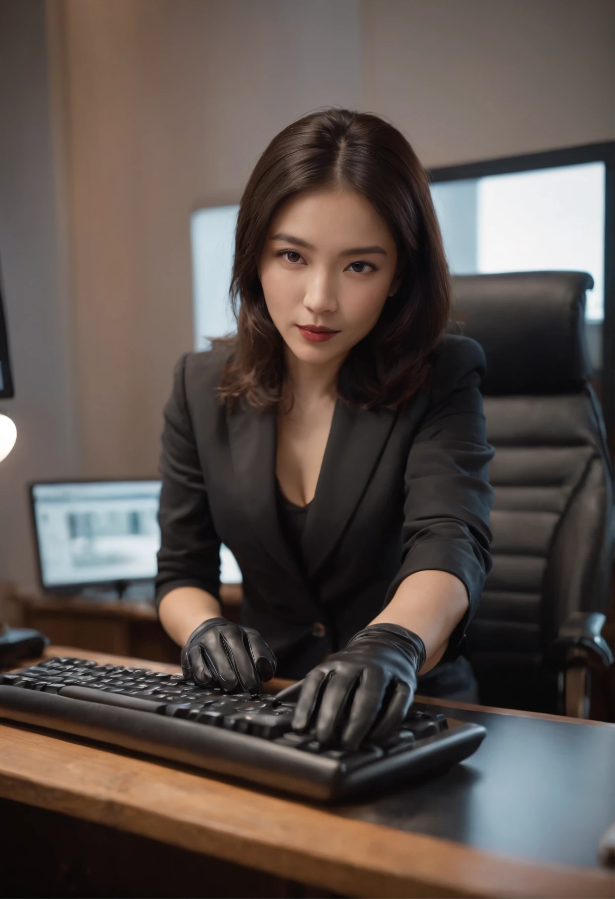 Wearing black leather gloves in both hands, upper body, black business suit, facing the desk in my room with a computer in the dark, tapping the keys of the computer keyboard with the fingertips of black leather gloves while looking at the screen, black hair bundled in the back for a long time, Japanese female new employee (black leather gloves cover both hands) (angle is in the front)