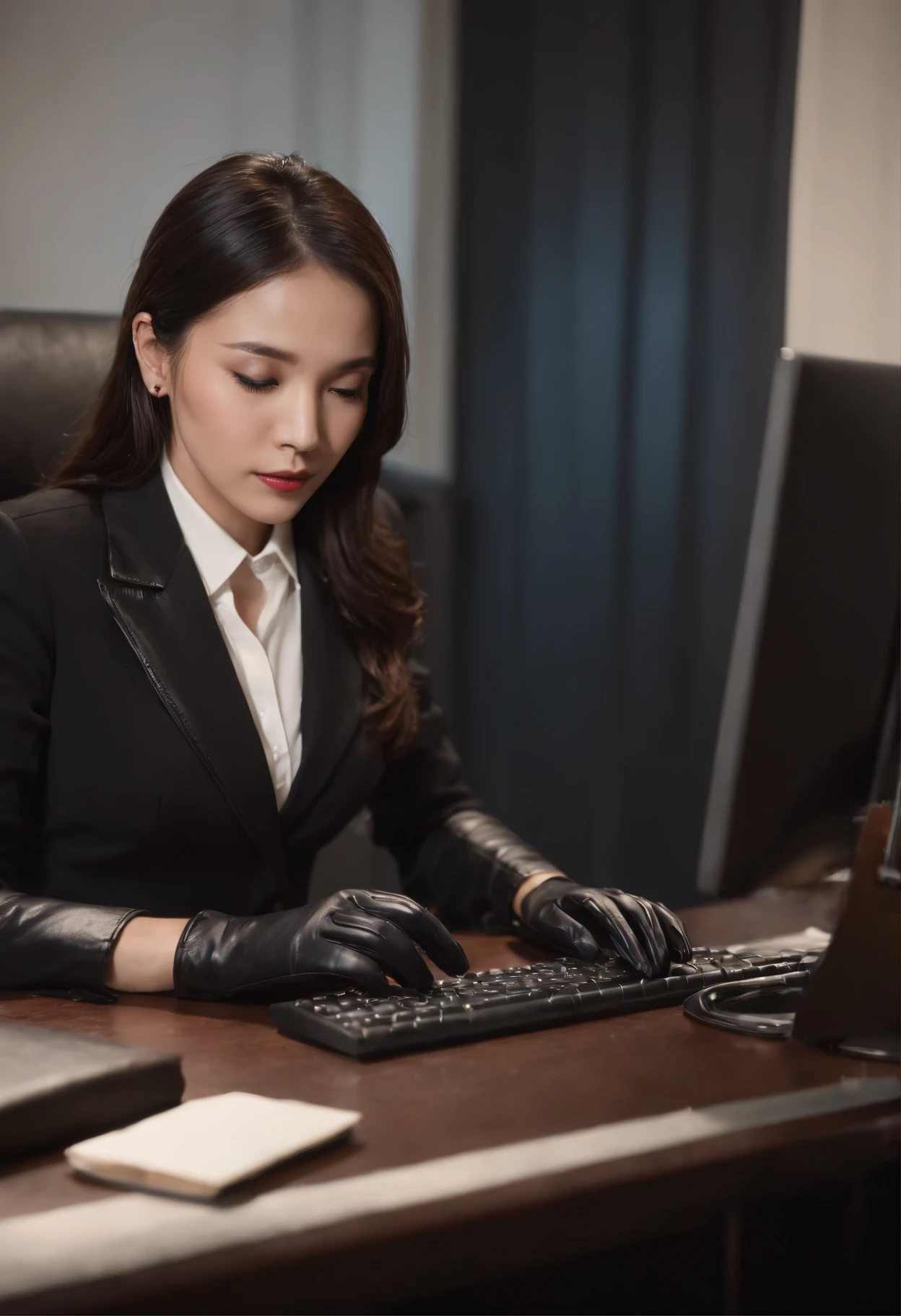 Wearing black leather gloves in both hands, upper body, black business suit, facing the desk in my room with a computer in the dark, tapping the keys of the computer keyboard with the fingertips of black leather gloves while looking at the screen, black hair bundled in the back for a long time, Japanese female new employee (black leather gloves cover both hands) (angle is in the front)